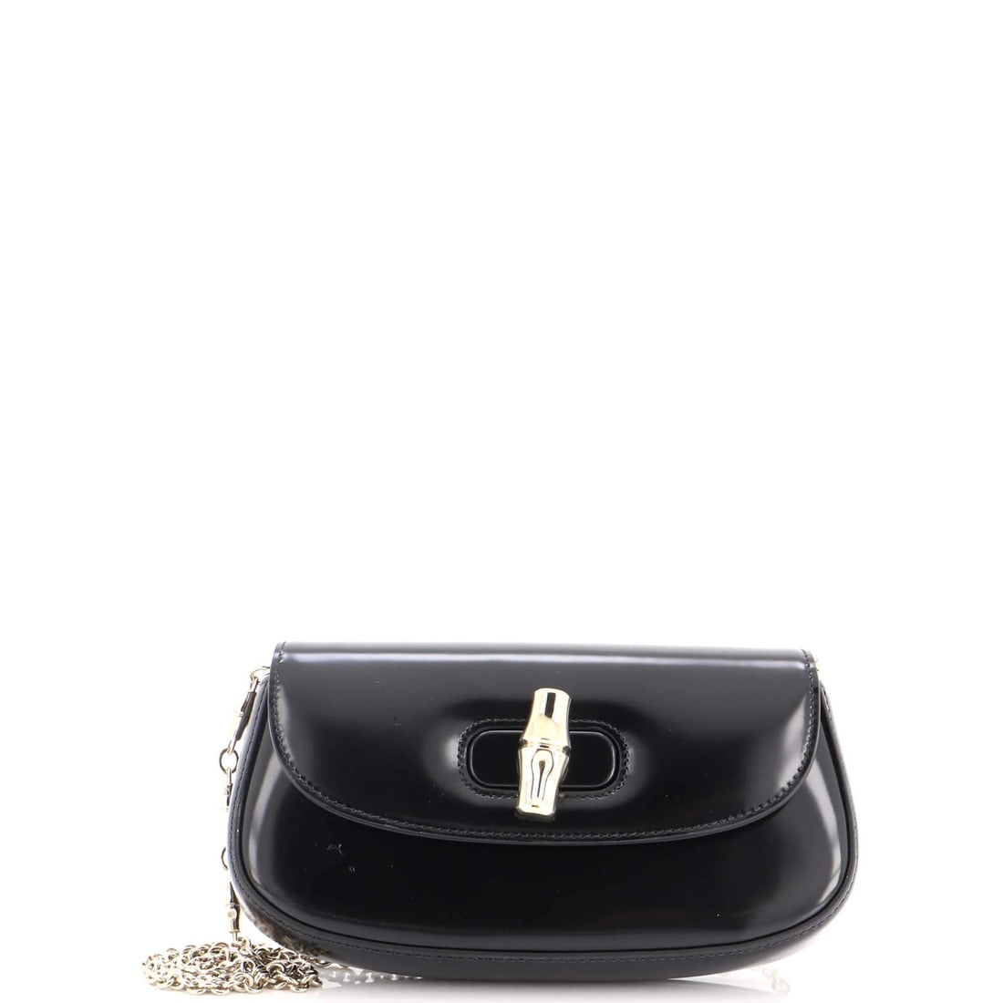 Gucci Leather Small Bamboo Clutch Chain Night: Gucci Leather Small Bamboo Clutch Chain Night Small Bamboo Chain Clutch in Black Leather from Gucci, featuring a classic design with a modern twist. The exterior boasts a sleek black leather exterior