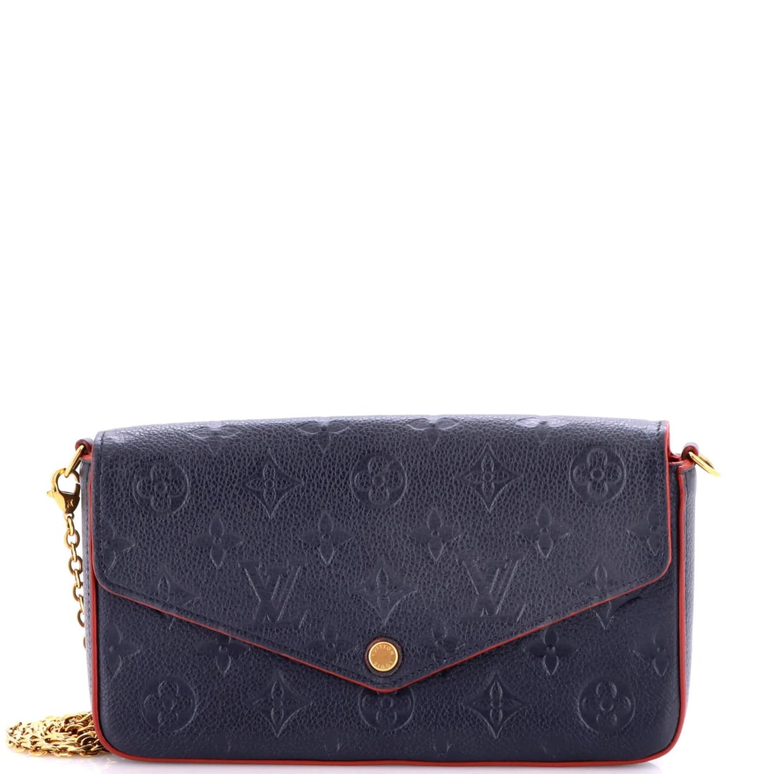 Monogram Empreinte Leather Louis Vuitton Felicie Pochette: Monogram Empreinte Leather Louis Vuitton Felicie Pochette Blue Monogram Empreinte Leather Louis Vuitton Felicie Pochette with scuffs, edge wear, and minor creases on the exterior, and a red interior.