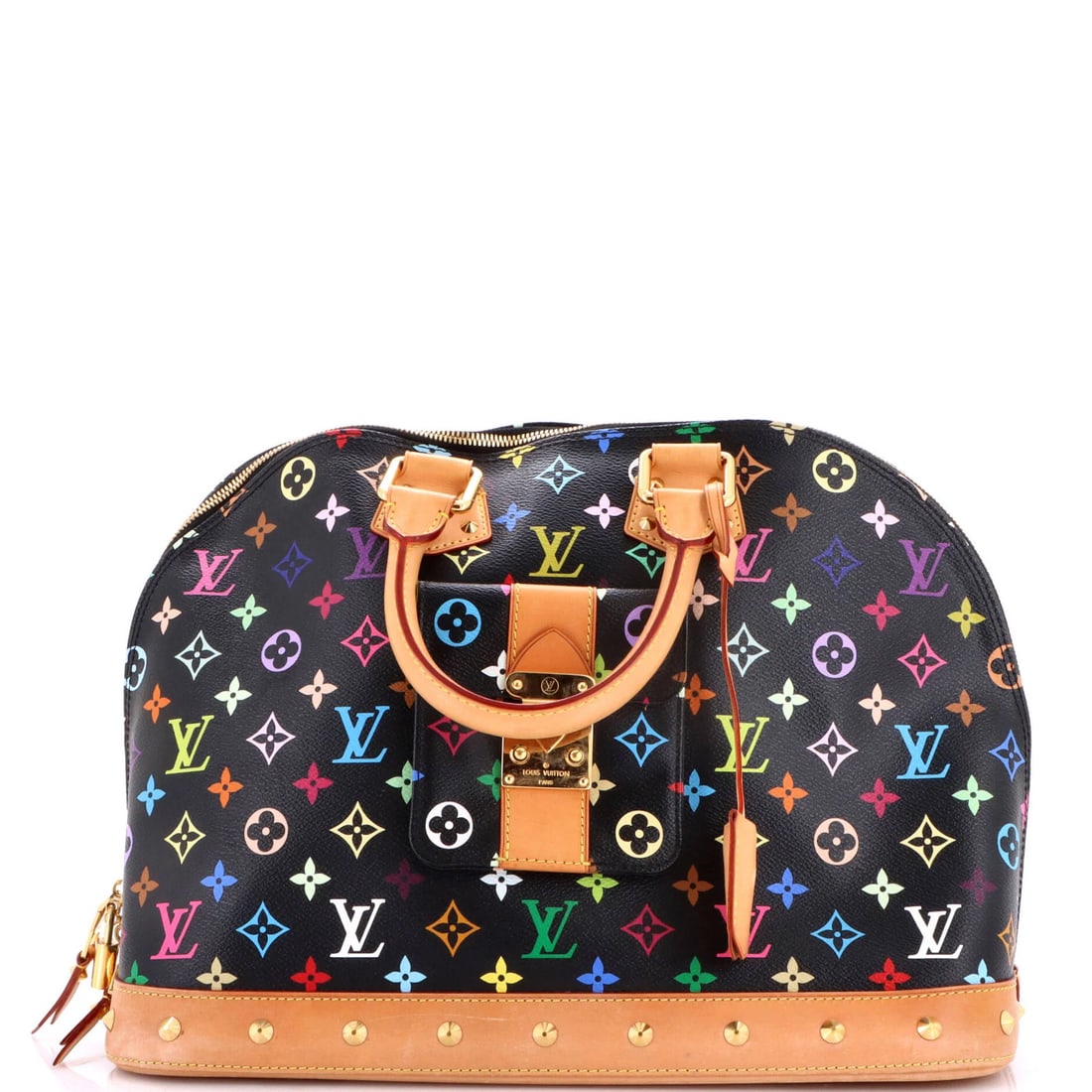 Louis Vuitton Alma Handbag Monogram Multicolor GM: Louis Vuitton Alma Handbag Monogram Multicolor GM Black Louis Vuitton Alma Handbag Monogram Multicolor GM, featuring a canvas-coated exterior with heavy edge wear, scuffs, and discoloration, and a stu