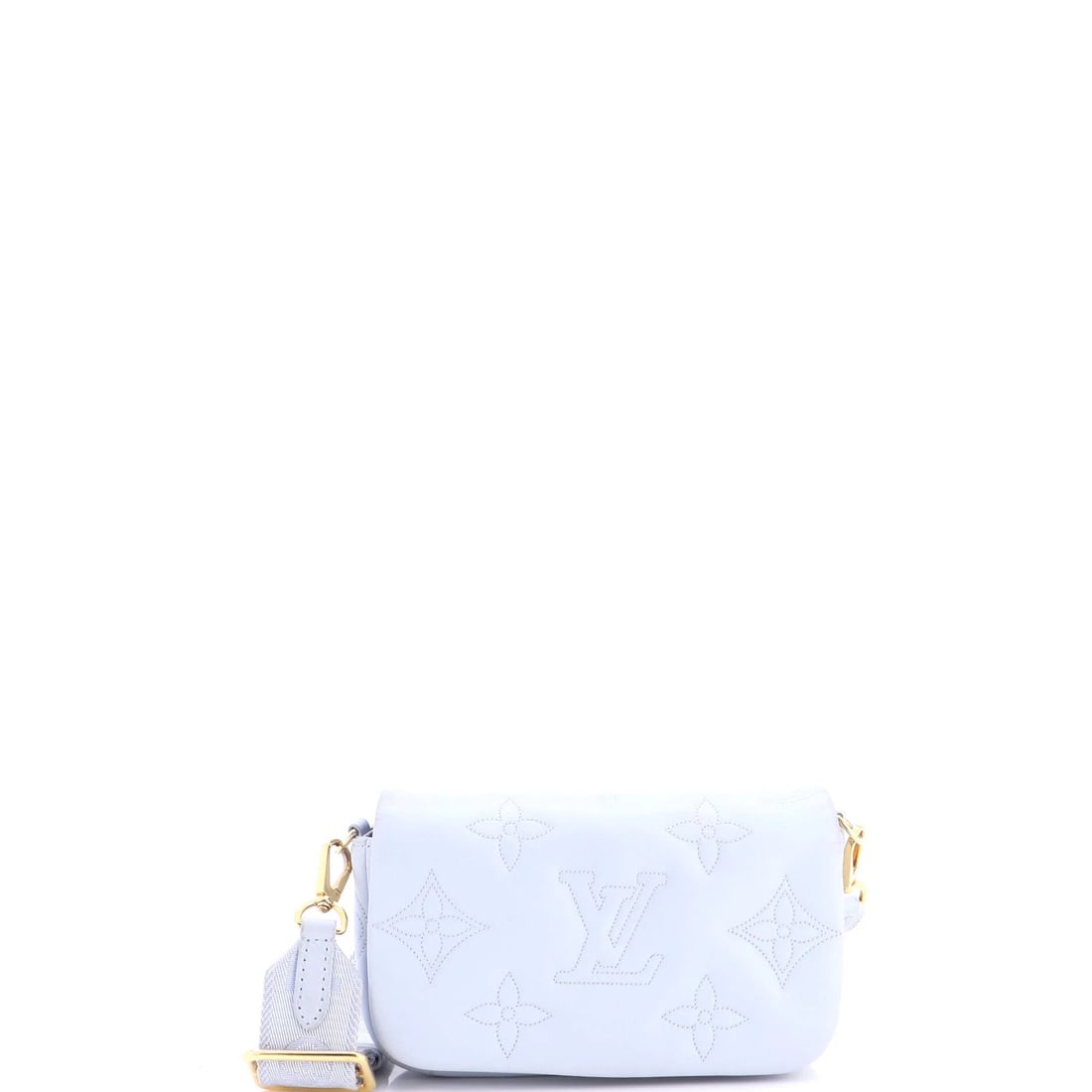 Louis Vuitton Bubblegram Leather Strap Wallet: Louis Vuitton Bubblegram Leather Strap Wallet The Louis Vuitton Bubblegram Leather Strap Wallet boasts a striking blue exterior and gold hardware, set against a rich blue interior. Measuring 7" in
