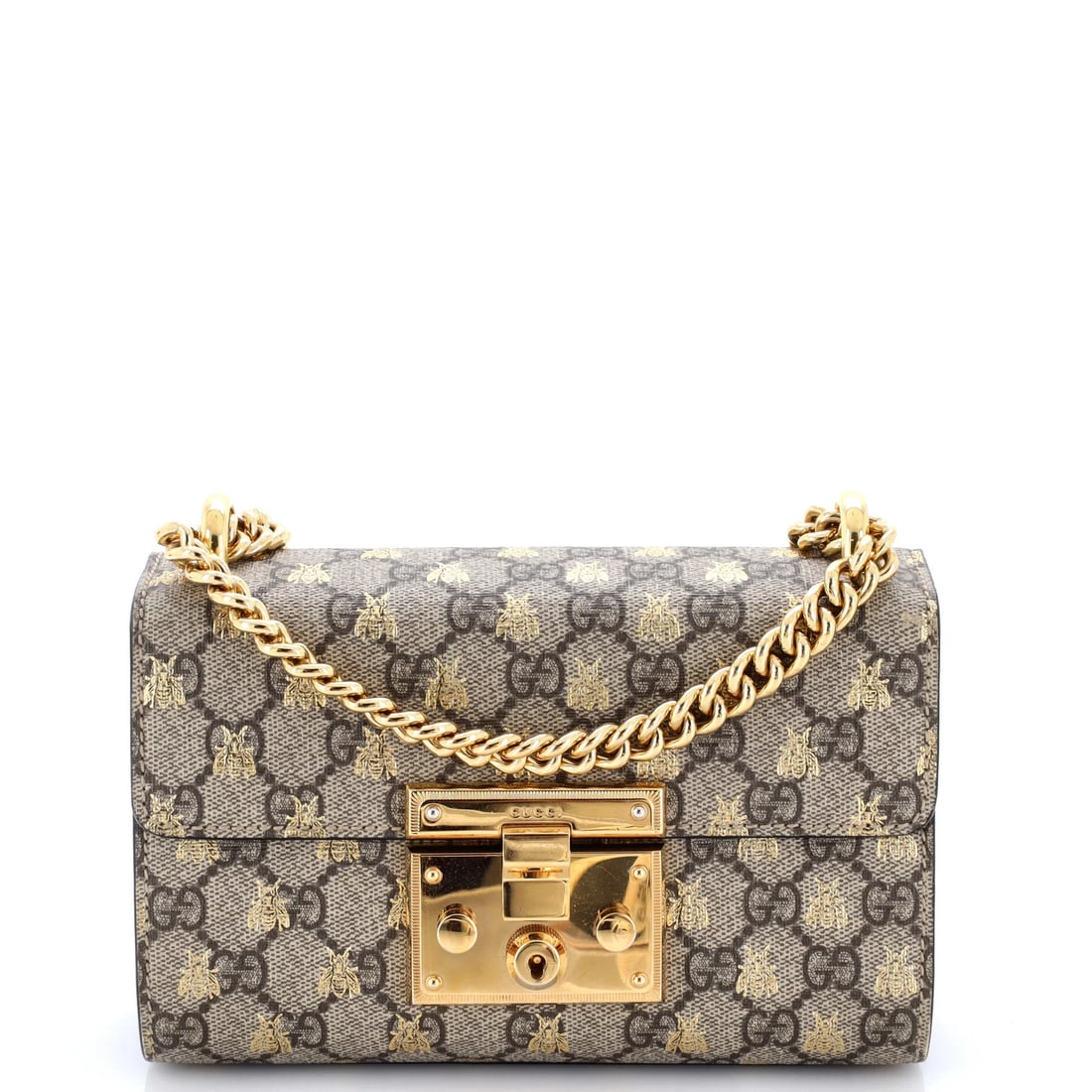 Small GG Coated Canvas Printed Shoulder Bag Padlock Gucci: Small GG Coated Canvas Printed Shoulder Bag Padlock Gucci Small GG Coated Canvas Printed Shoulder Bag Padlock Gucci. This small shoulder bag features a unique padlock design and is made from