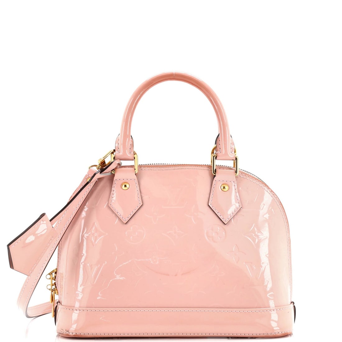 Louis Vuitton Alma Monogram Vernis Handbag: Louis Vuitton Alma Monogram Vernis Handbag The Louis Vuitton Alma Monogram Vernis Handbag boasts a striking pink patent leather exterior, adorned with the iconic Monogram Vernis pattern. This stylish