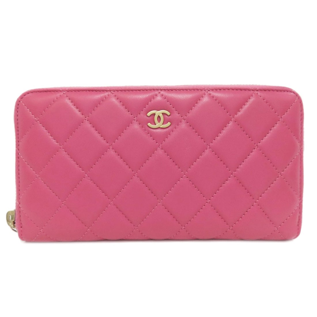 Chanel Matelasse Coco Mark Goldhardware Long Wallet (With Coin Pocket): Chanel Matelasse Coco Mark Goldhardware Long Wallet (With Coin Pocket) Pink lambskin makes up this long wallet from CHANEL, featuring a coin pocket and zip closure. The exterior is a matching pink, wh