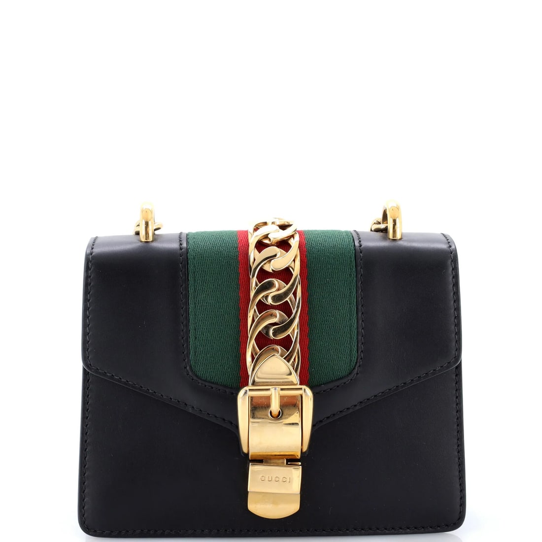Chain Bag Leather Mini Shoulder Gucci Sylvie: Chain Bag Leather Mini Shoulder Gucci Sylvie Black leather mini shoulder bag with chain strap, measuring 6" in height and 7.5" in width, featuring a gold hardware and interior in brown microfiber.