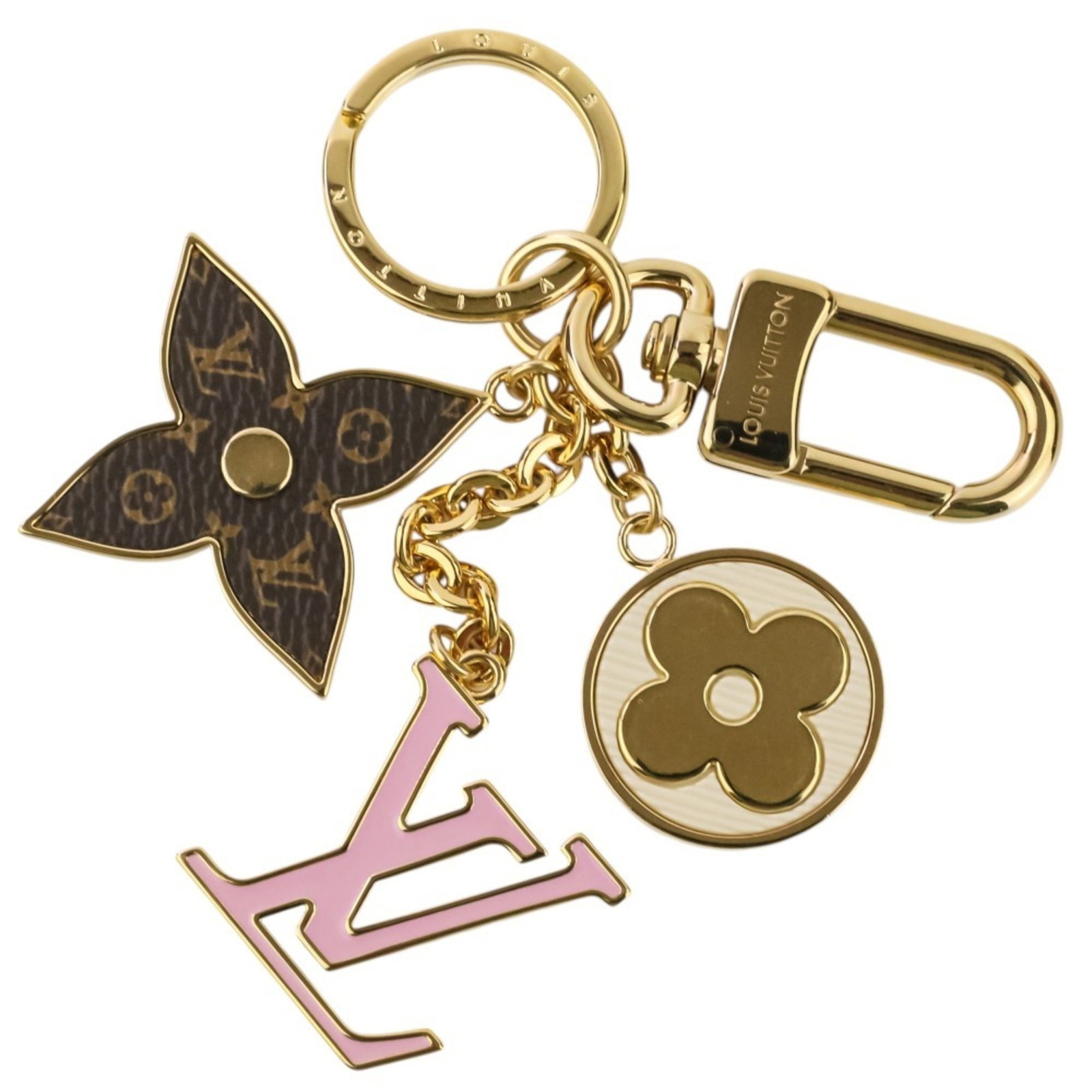 Keyring from Louis Vuitton: Keyring from Louis Vuitton Brown, Gold, and Pink Louis Vuitton Keyring, featuring a 2.8cm diameter ring with a distinctive design. This elegant keyring showcases the iconic Louis Vuitton style, perfec