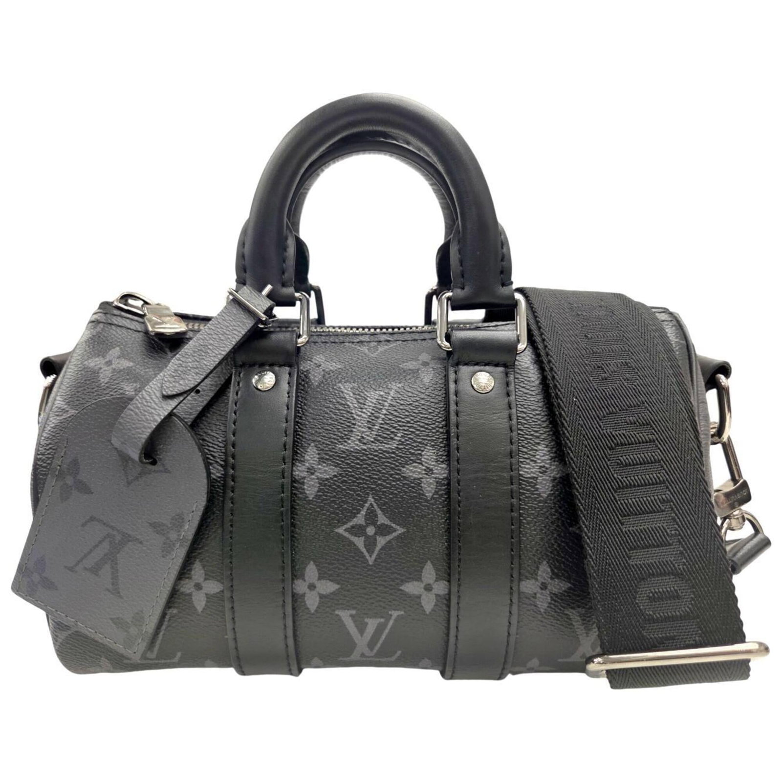 Boston Monogram Bag Vuitton Louis Eclipse Shoulder: Boston Monogram Bag Vuitton Louis Eclipse Shoulder The Louis Vuitton Monogram Eclipse Boston bag is a stylish shoulder bag featuring the iconic Monogram Eclipse pattern in black and gray. Measuring 15