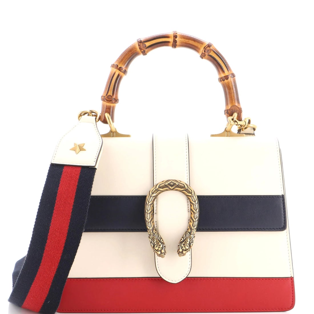 Colorblock leather medium bag Bamboo Top Handle Gucci: Colorblock leather medium bag Bamboo Top Handle Gucci Small glue stains on opening corners, this Gucci Dionysus Bamboo Top Handle bag boasts a striking colorblock leather design in neutral, blue, and 