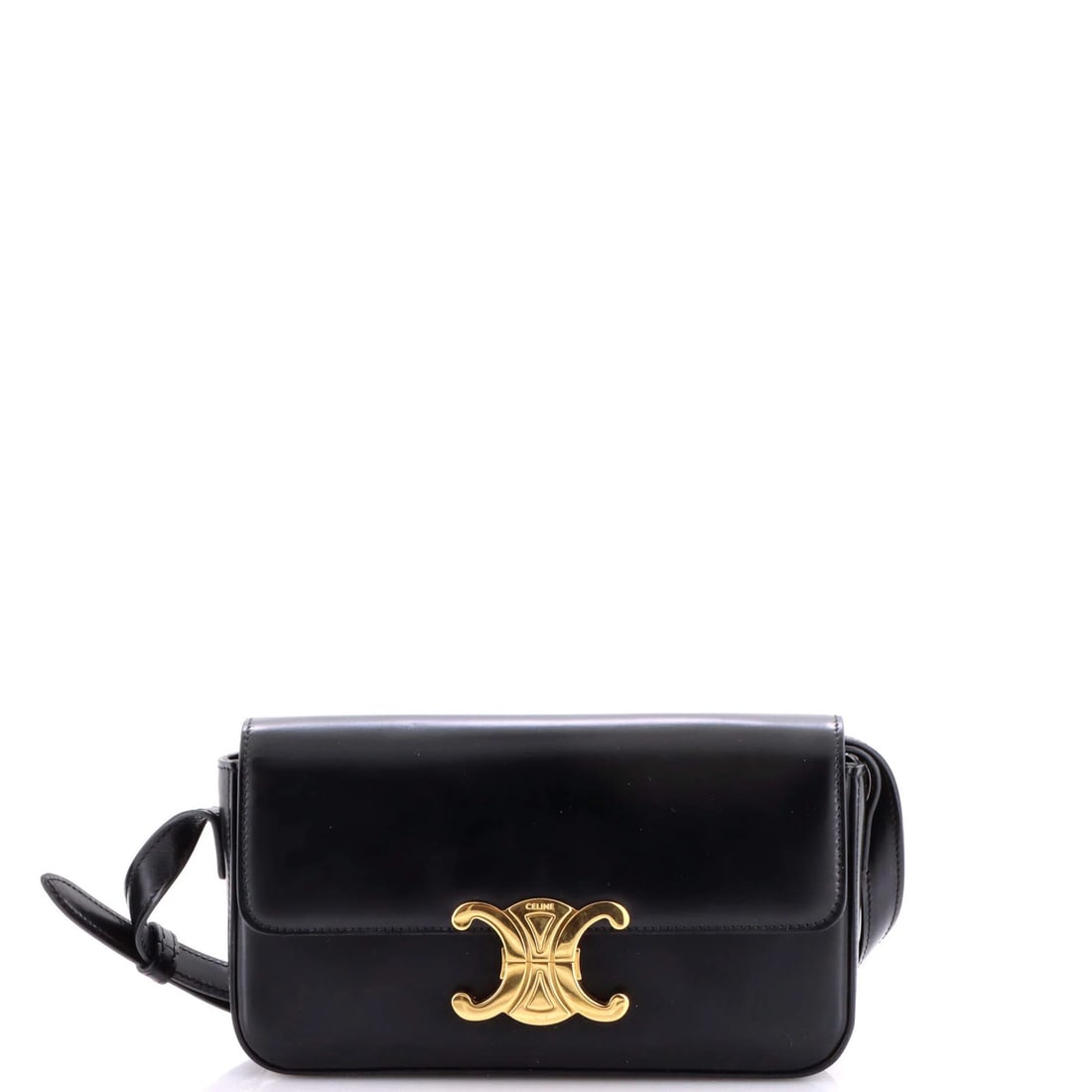 East-West Calfskin Shoulder Bag Smooth Celine Triomphe: East-West Calfskin Shoulder Bag Smooth Celine Triomphe The Celine Triomphe East-West Shoulder Bag boasts sleek, smooth calfskin exterior in black, adorned with gold hardware. With its classic design a