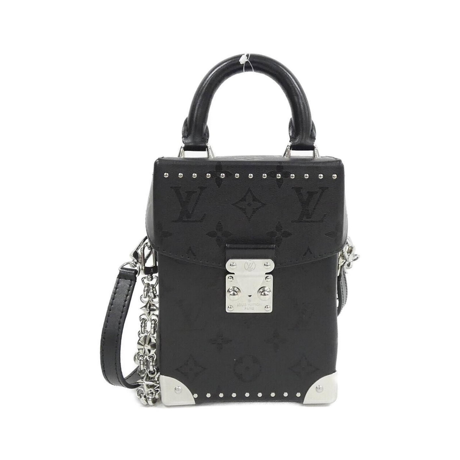 Handbag Leather Louis Vuitton: Handbag Leather Louis Vuitton Calfskin leather construction, a hallmark of Louis Vuitton's iconic design, is showcased in this sleek black handbag. The compact 17cm x 12cm x 6cm dimensions make it a v