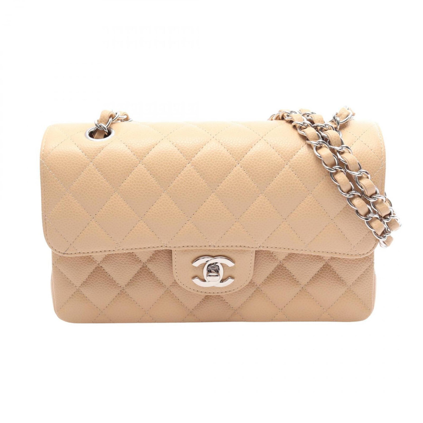 Calfskin Grained Shoulder Bag Handbag: Calfskin Grained Shoulder Bag Handbag The Calfskin Grained Shoulder Bag features a classic design with a timeless beige color and sleek silver hardware. Made from high-quality grained calfskin, this