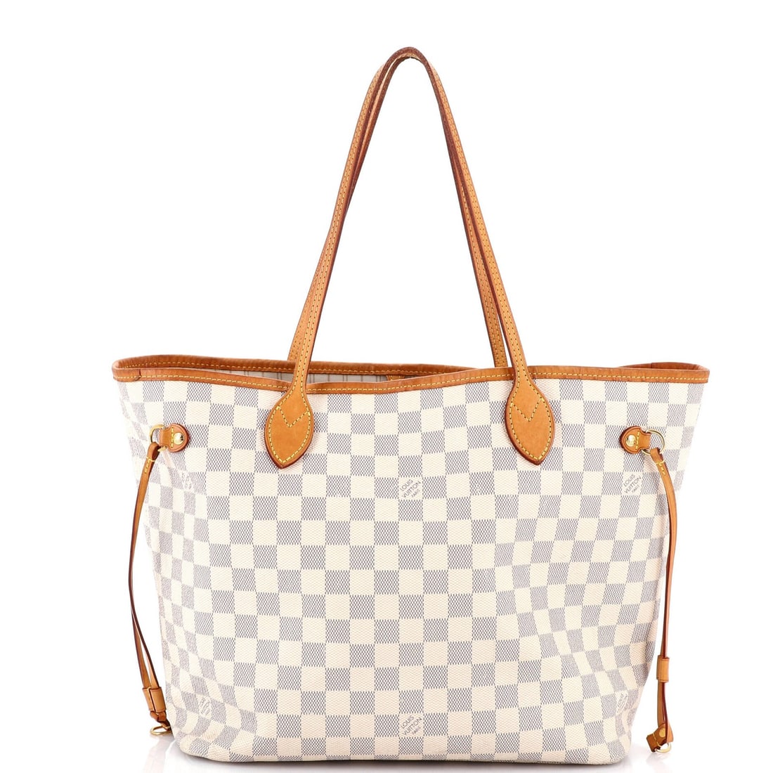 Louis Vuitton Neverfull NM Tote Damier MM: Louis Vuitton Neverfull NM Tote Damier MM White Louis Vuitton Neverfull NM Tote Damier MM in Fair Condition. This iconic tote features a canvas-coated exterior with heavy discoloration throughout,