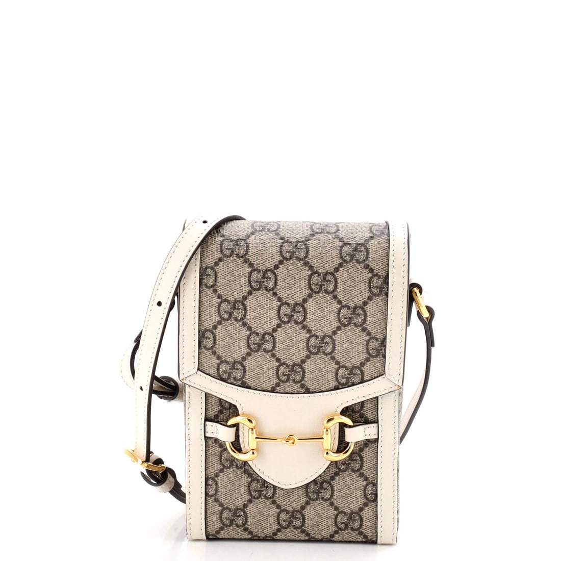 Horsebit Bag 1955 Gucci Crossbody Coated Canvas Mini GG Leather: Horsebit Bag 1955 Gucci Crossbody Coated Canvas Mini GG Leather White canvas coated leather Horsebit 1955 Gucci crossbody bag with 16-26" gold straps, featuring a neutral microfiber interior and minor