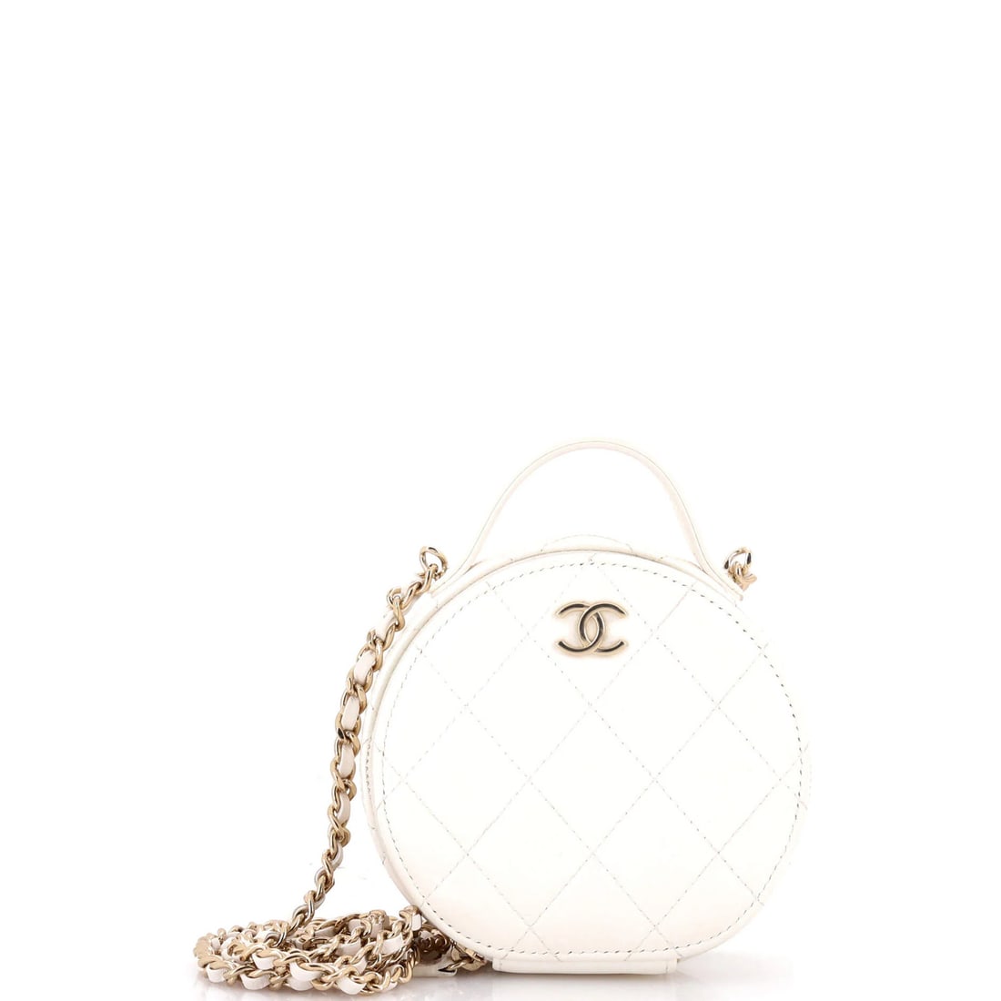 Handle with care round small quilted lambskin case in chain vanity: Handle with care round small quilted lambskin case in chain vanity White quilted lambskin exterior, pink interior, and gold tone hardware make this small cross body bag stand out. The chain vanity cas