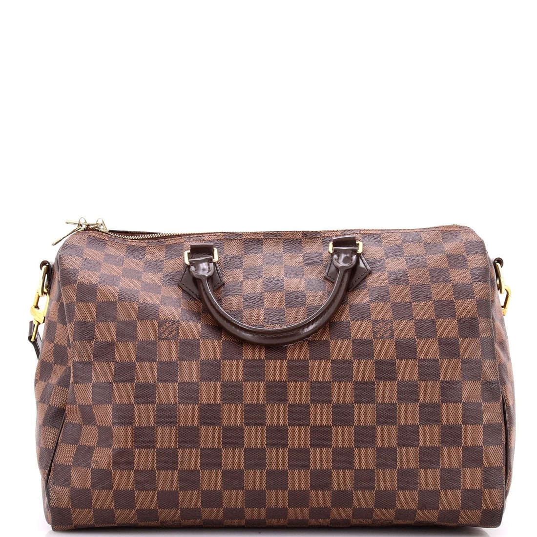 Louis Vuitton Speedy Bandouliere Bag Damier 35: Louis Vuitton Speedy Bandouliere Bag Damier 35 Brown Louis Vuitton Speedy Bandouliere Bag Damier 35 with gold hardware, measuring 9" high, 13.5" wide, and 7" deep, features a canvas coated exterior