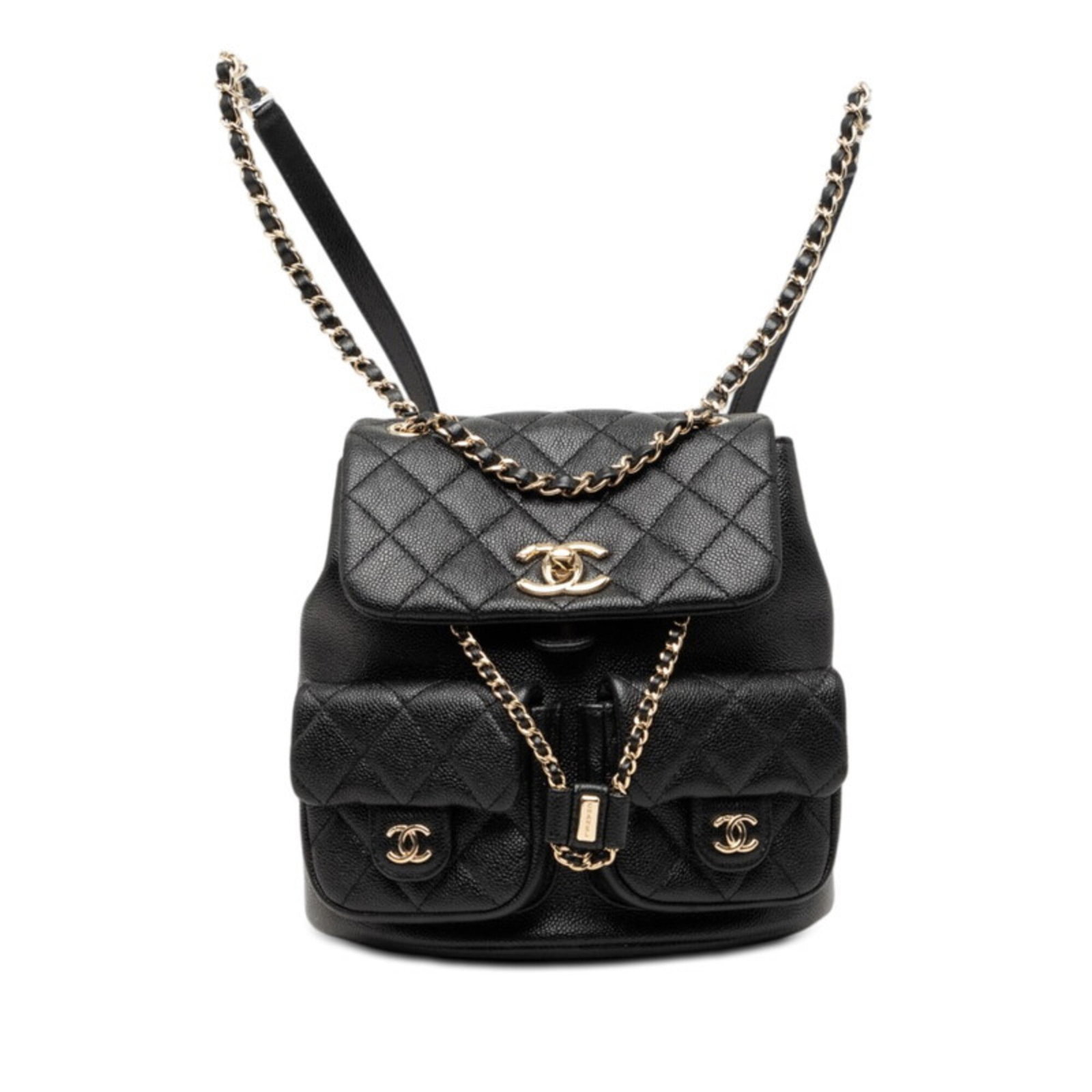Calfskin Grained Chanel Backpack: Calfskin Grained Chanel Backpack Grained Calfskin Chanel Backpack in Black. This stylish backpack features a classic design with a signature grained calfskin material, adding a touch of
