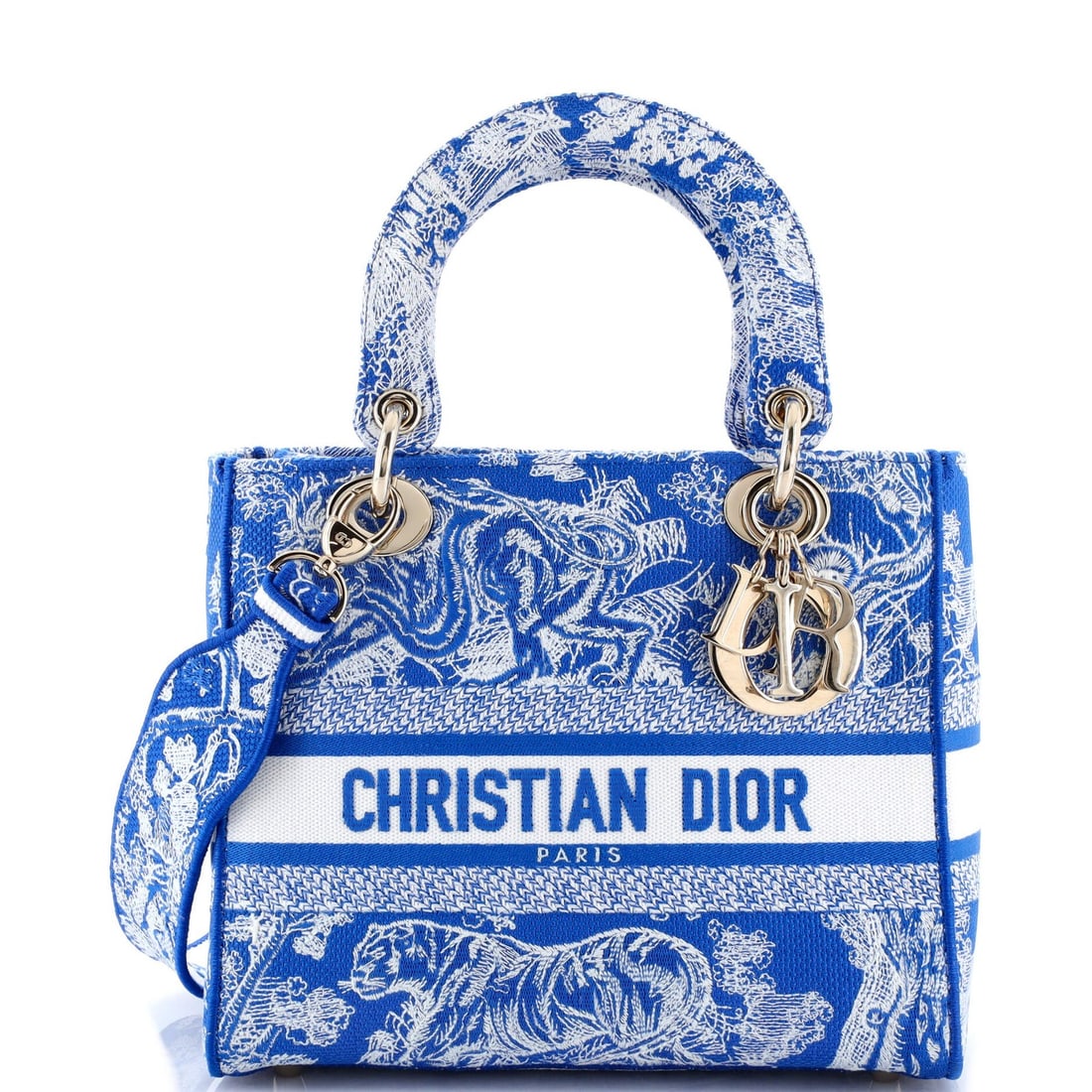 Lady Dior Toile de Jouy Christian D-Lite Embroidered Canvas Bag: Lady Dior Toile de Jouy Christian D-Lite Embroidered Canvas Bag Blue Toile de Jouy embroidered canvas bag with gold tone hardware, featuring a classic Christian Dior design. The bag boasts a timeless