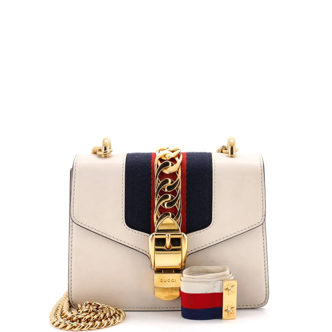 Chain Bag Leather Mini Shoulder Gucci Sylvie: Chain Bag Leather Mini Shoulder Gucci Sylvie The Gucci Sylvie Chain Shoulder Bag is a stylish and versatile mini cross body bag made from high-quality leather. Featuring a sleek white exterior with a 