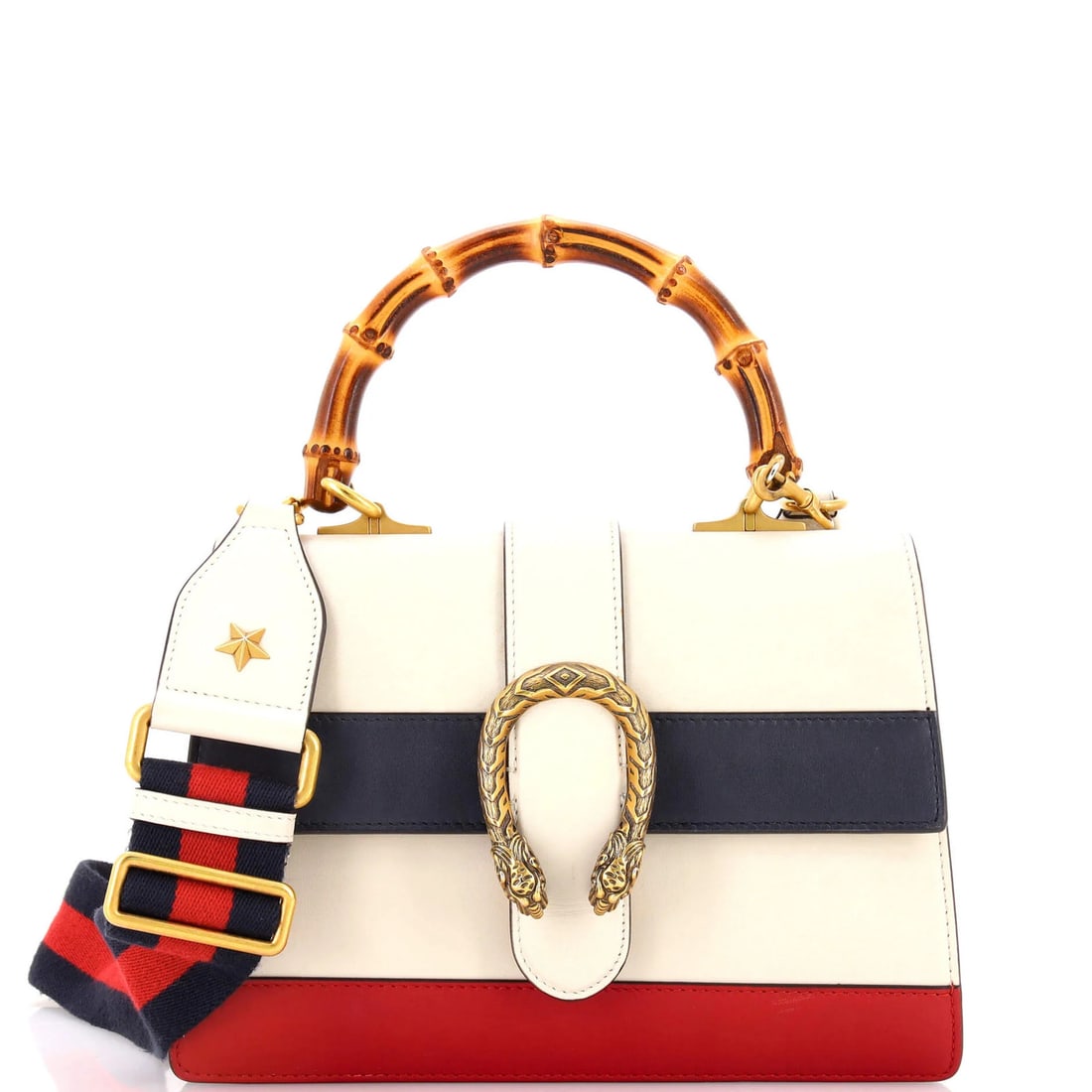 Colorblock leather medium bag Bamboo Top Handle Gucci: Colorblock leather medium bag Bamboo Top Handle Gucci White Colorblock Leather Medium Bag with Bamboo Top Handle from Gucci. This stylish medium-sized bag features a unique colorblock design and a