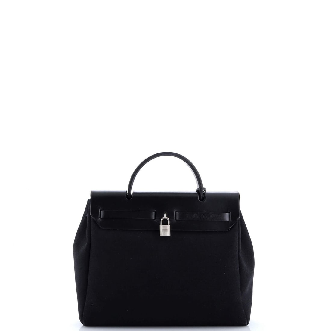 Herbag Toile Hermes Leather PM: Herbag Toile Hermes Leather PM Black Herbag Toile and Leather PM from 2003 features a classic top handle design with a 3" drop and 18.5" strap drop. The exterior leather has developed corner wear,