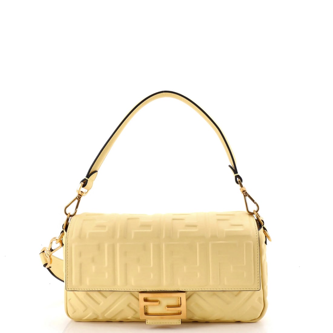 Fendi Baguette Medium NM Zucca Embossed Leather Bag: Fendi Baguette Medium NM Zucca Embossed Leather Bag Yellow Fendi Baguette Medium Zucca Embossed Leather Cross Body Bag with minor creases on exterior, handles/straps, and interior perfume odor. The