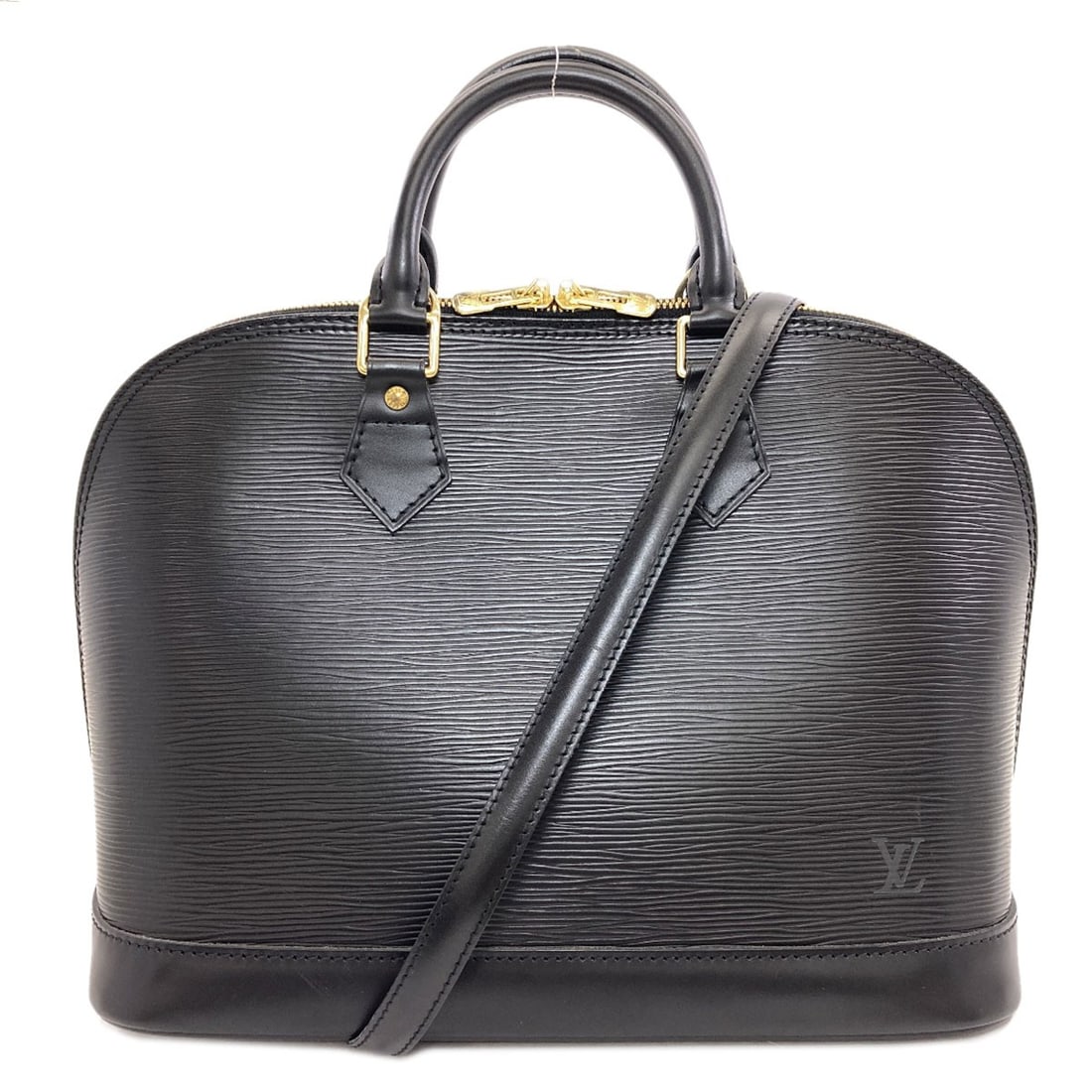 Handbag Alma M52142 Leather Epi Louis Vuitton: Handbag Alma M52142 Leather Epi Louis Vuitton Handbag Alma M52142 Leather Epi Louis Vuitton is a black, 9.6 inch tall, and 6.5 inch deep bag made of Epi Leather, featuring a detachable strap and a