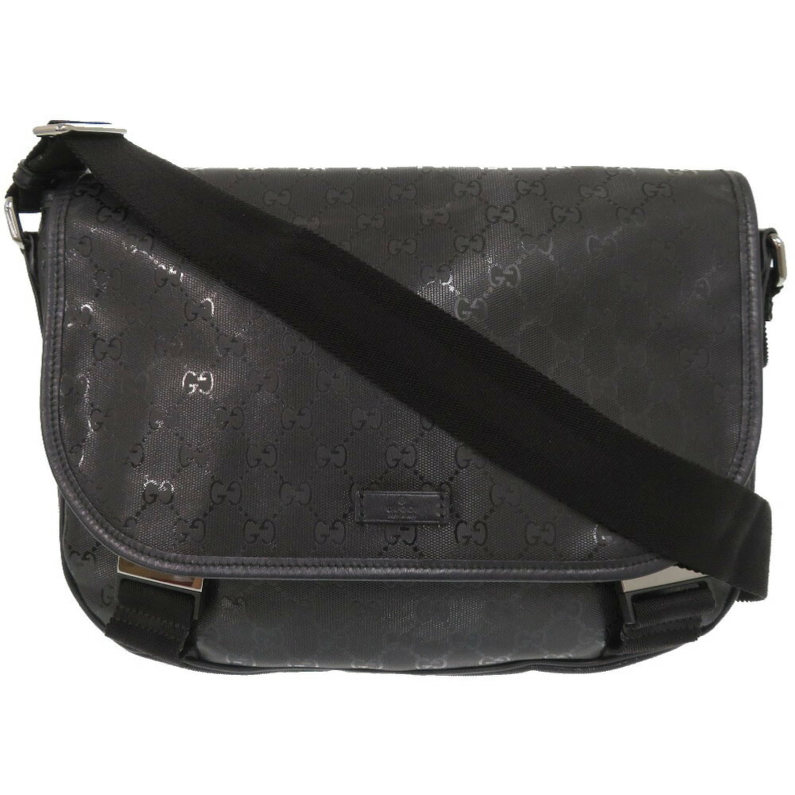 Canvas Pvc Coated Gucci Bag Messenger Shoulder: Canvas Pvc Coated Gucci Bag Messenger Shoulder Canvas Pvc Coated Gucci Bag Messenger Shoulder is a black messenger bag with silver hardware, made from coated canvas and PVC. It measures 24cm x 33cm x