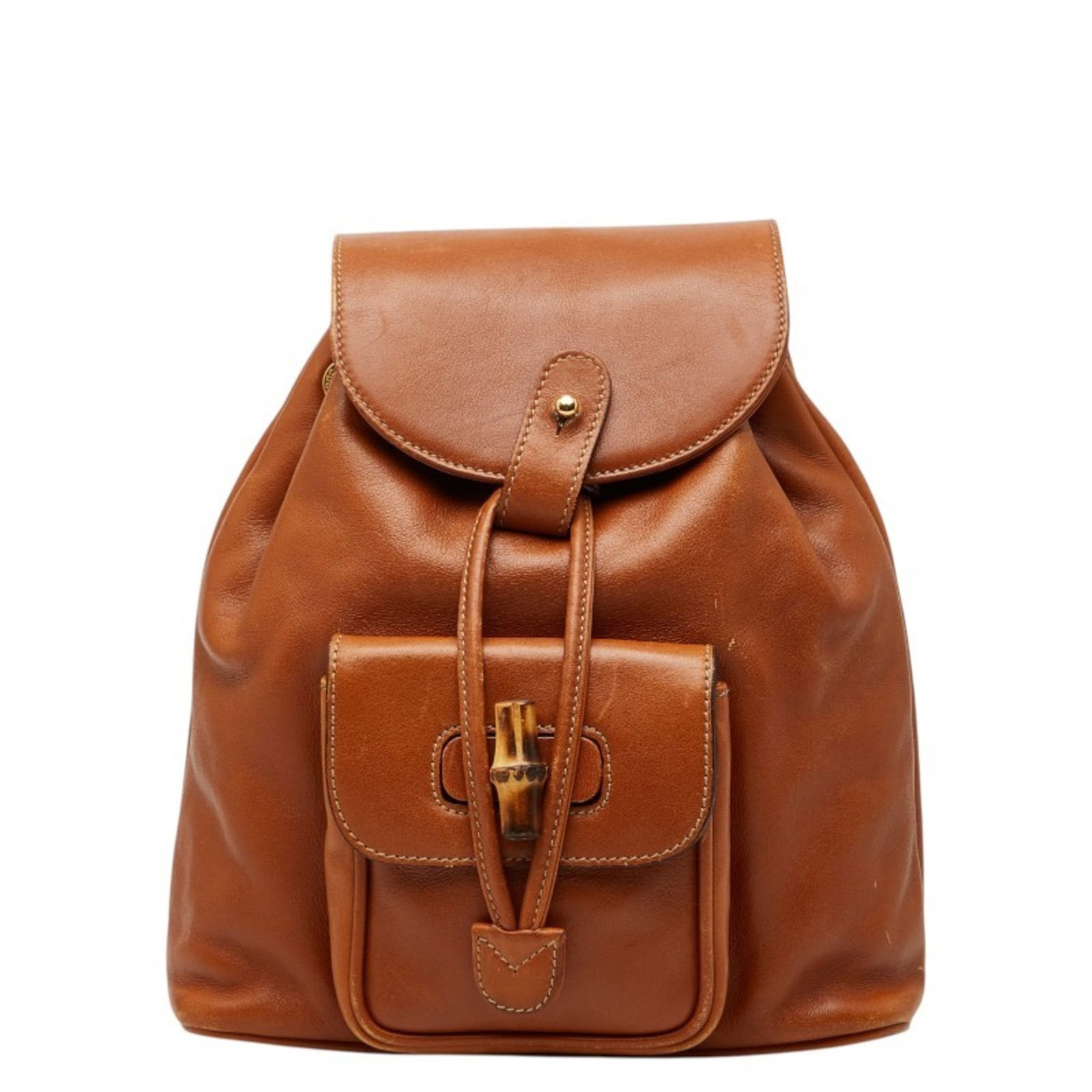 Bamboo Backpack Gucci: Bamboo Backpack Gucci Bamboo backpack with a classic Gucci design, featuring a brown color and a turn lock outer pocket. The bag boasts a unique bamboo material and has a zipper pocket and string