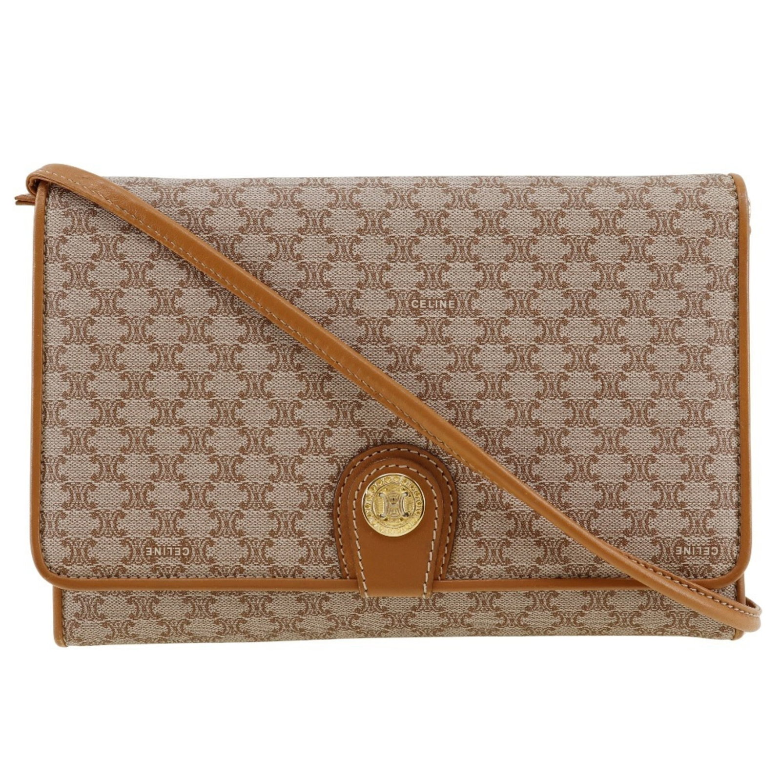 Pvc Leather Celine Shoulder Bag: Pvc Leather Celine Shoulder Bag PVC leather Celine shoulder bag in beige, featuring a zipper pocket and open pocket, with a magnet closure and adjustable shoulder strap. This stylish bag measures
