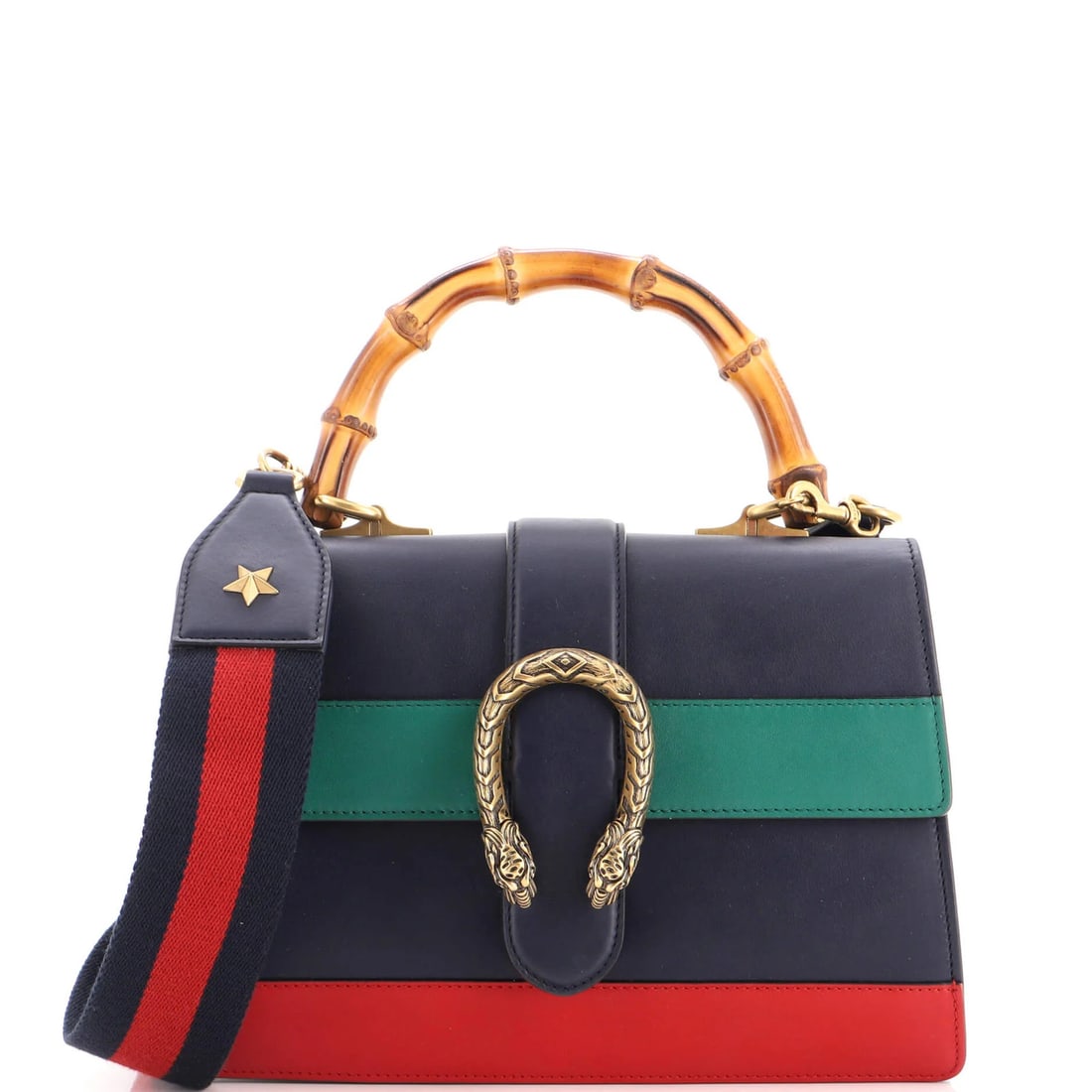 Colorblock leather medium bag Bamboo Top Handle Gucci: Colorblock leather medium bag Bamboo Top Handle Gucci Blue and multicolor colorblock leather medium bag with a bamboo top handle, featuring a neutral interior and gold hardware. This Gucci Dionysus ba