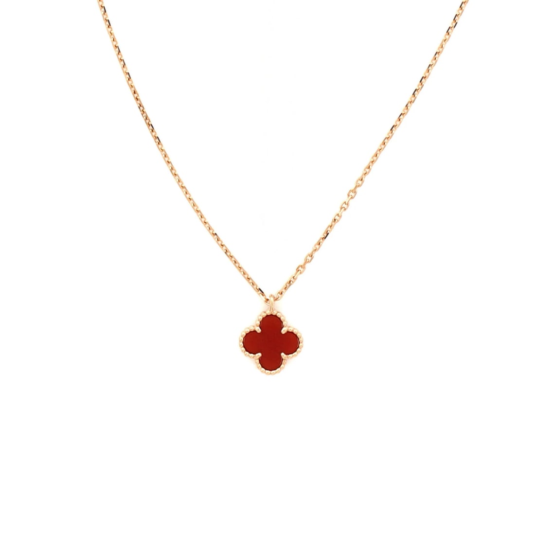 Carnelian Necklace Rose Gold Pendant Alhambra Sweet Van Cleef & Arpels: Carnelian Necklace Rose Gold Pendant Alhambra Sweet Van Cleef & Arpels 18K Rose Gold Sweet Alhambra Pendant Necklace features a stunning Carnelian stone, showcasing the elegance of Van Cleef &