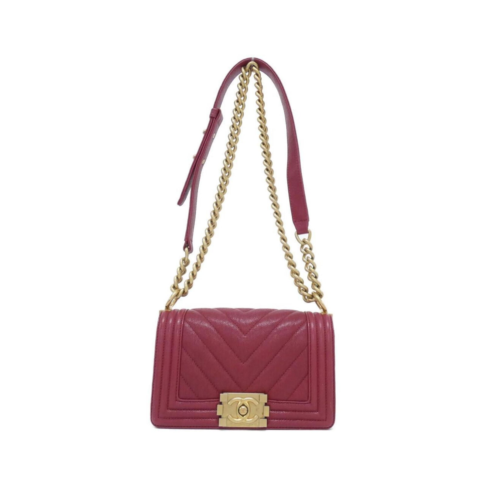Calfskin Grained Chanel Bag Shoulder: Calfskin Grained Chanel Bag Shoulder The Bordeaux-colored, Matte gold hardware accentuates this Grained Calfskin shoulder bag, adding a touch of sophistication to its classic design. Measuring 12cm x