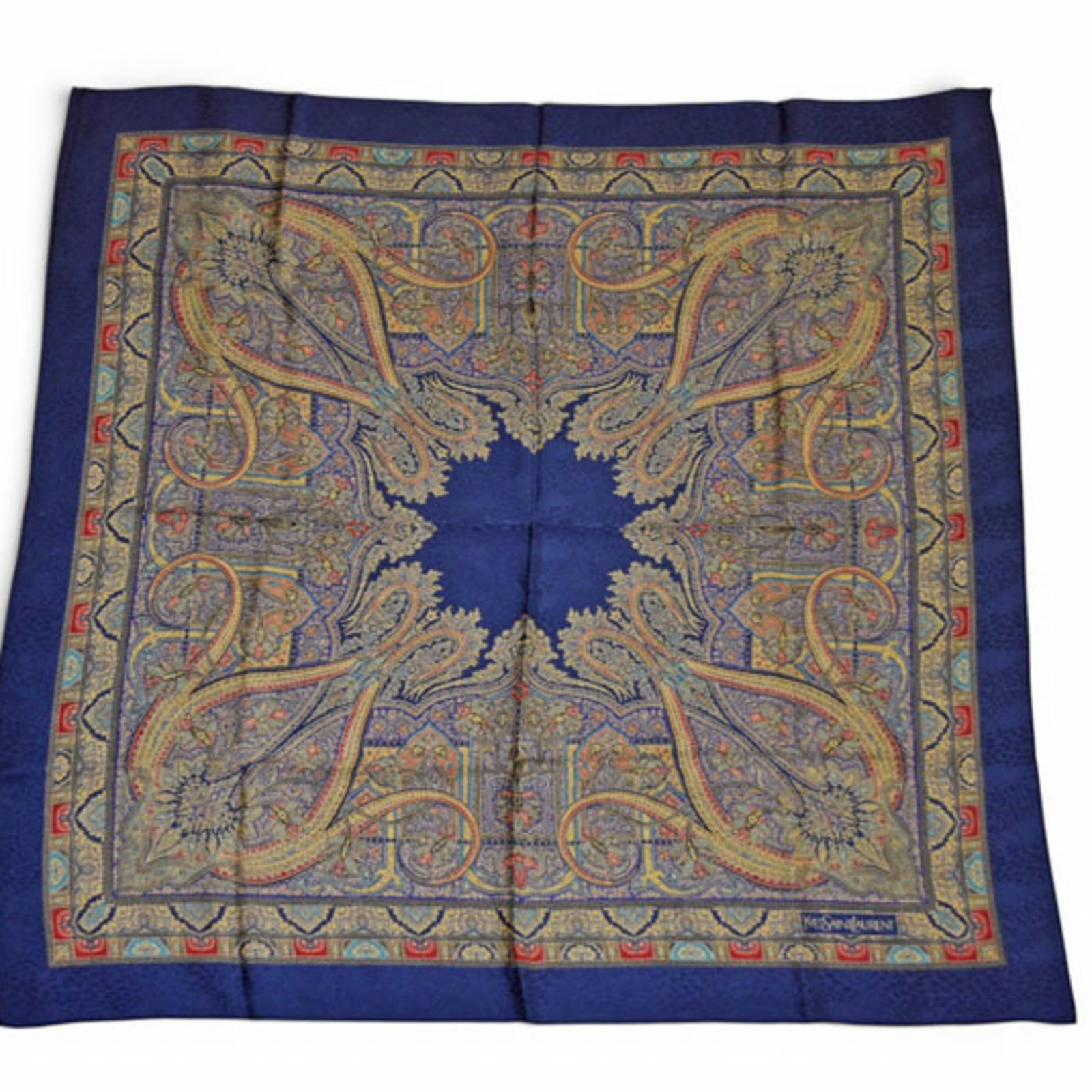 Saint Laurent Yves Silk Scarf: Saint Laurent Yves Silk Scarf Silk scarf from Yves Saint Laurent, featuring a multi-color design and a navy background, measuring 88cm x 88cm. This scarf is made from high-quality silk and bears a