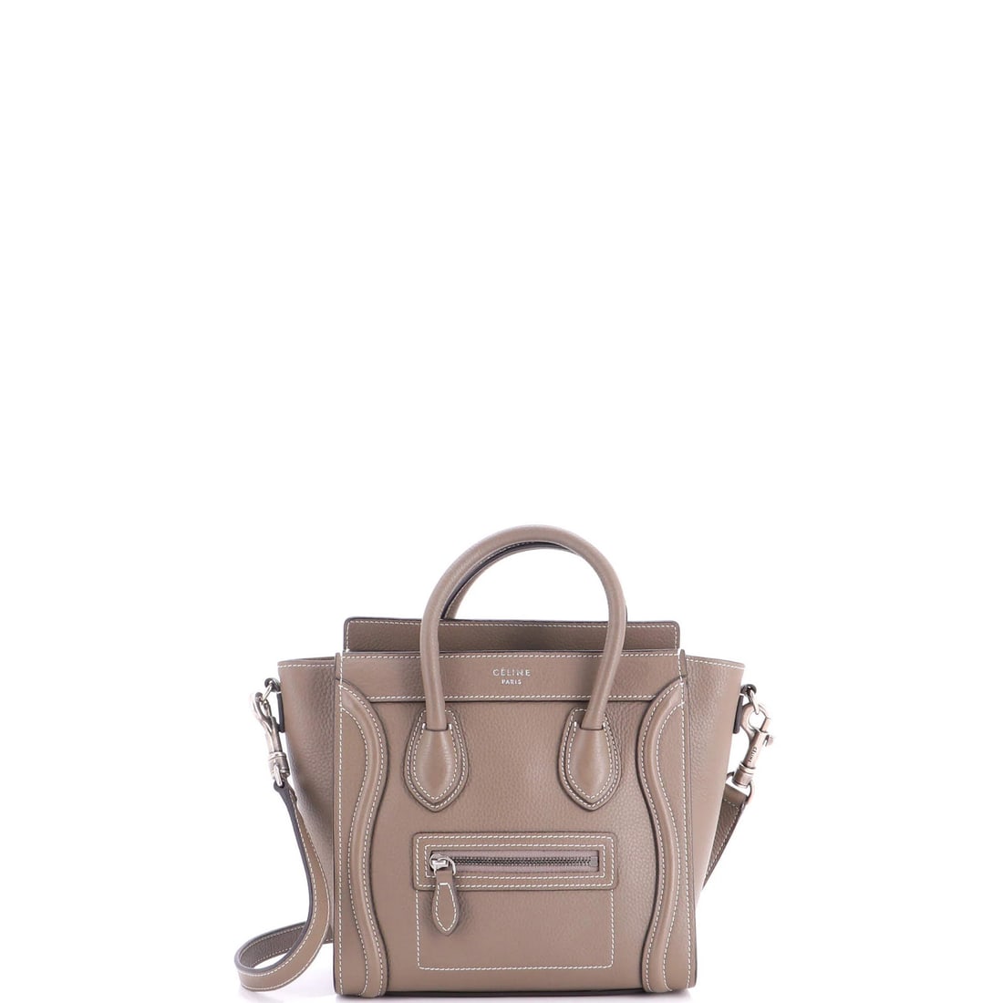 Luggage Bag Grainy Leather Nano Celine: Luggage Bag Grainy Leather Nano Celine Gray Grainy Leather Nano Celine Cross Body Bag with Suede Interior and Silver Hardware, featuring a compact design with a 19" strap drop and a touch-up on edges