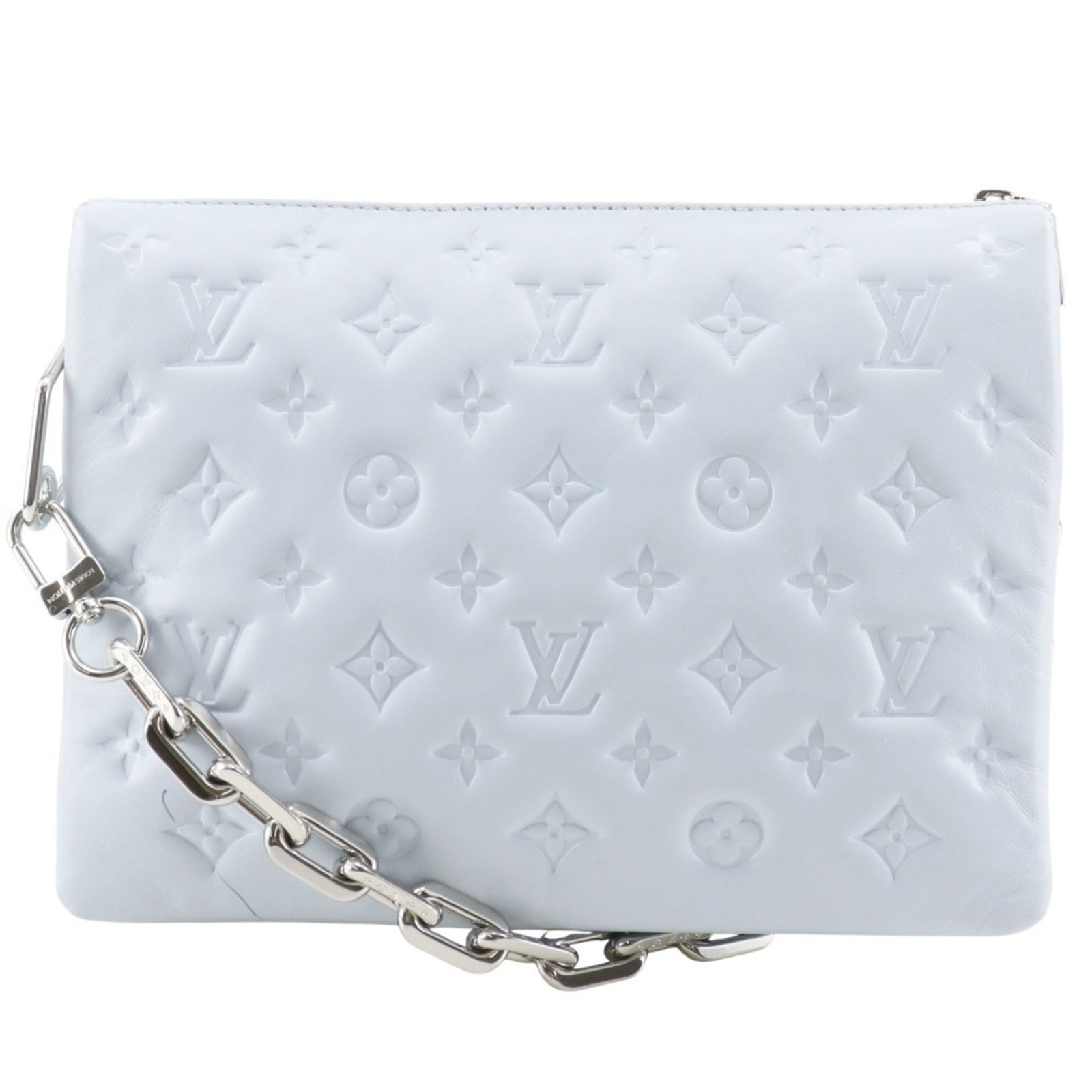 Shoulder Bag by Louis Vuitton: Shoulder Bag by Louis Vuitton Light blue Monogram pattern adorns this classic Louis Vuitton shoulder bag, featuring a sturdy zipper closure and two convenient pockets for added organization. The