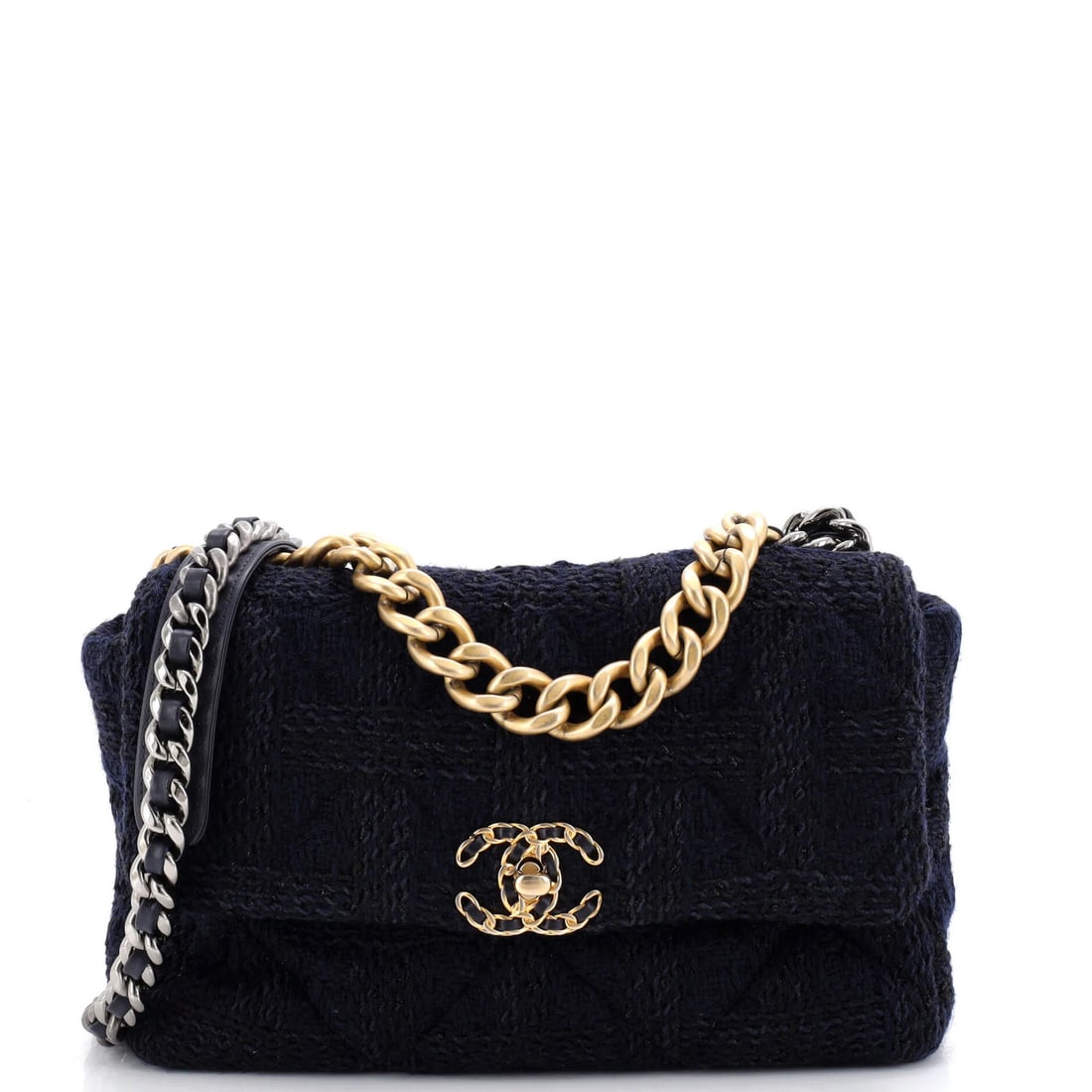 Quilted Tweed Large Chanel Flap Bag 19: Quilted Tweed Large Chanel Flap Bag 19 Quilted Tweed Large Chanel Flap Bag 19 boasts a striking blue tweed exterior, complemented by a black interior and gold hardware. Measuring 8" high and 11.5"