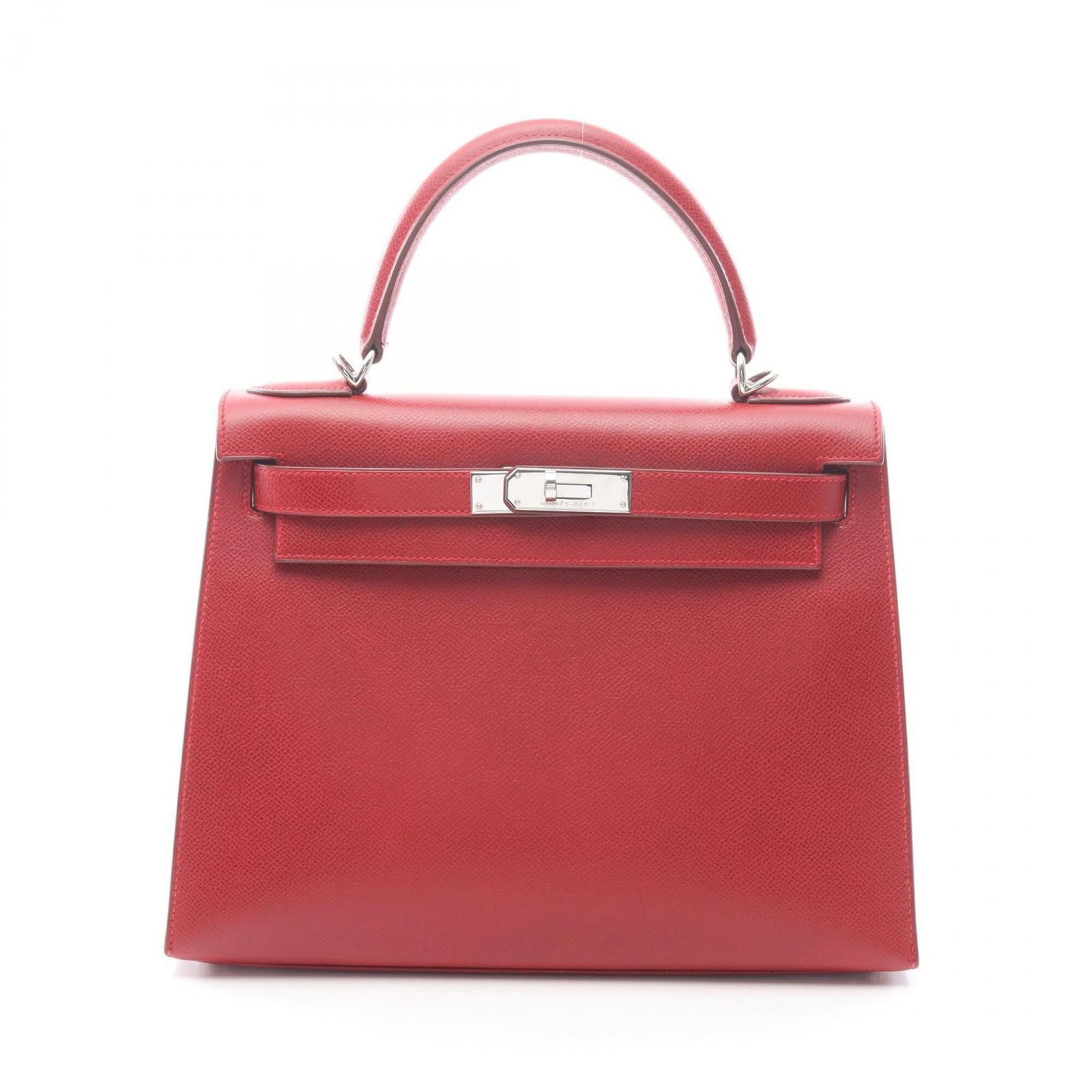 Handbag Epsom Leather by Hermes: Handbag Epsom Leather by Hermes Epsom leather handbag by Hermes, a statement piece in a bold red color. Measuring 21cm x 28cm x 11cm, this stylish bag is designed to make a lasting impression. Its dis