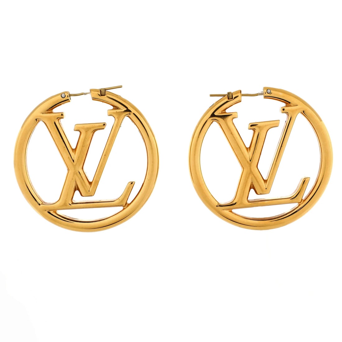 Louis Vuitton Louise Hoop Earrings Metal GM: Louis Vuitton Louise Hoop Earrings Metal GM Gold hoop earrings with a classic Louis Vuitton design, featuring a subtle metal exterior and a timeless silhouette. Measuring 2 inches in height and 2