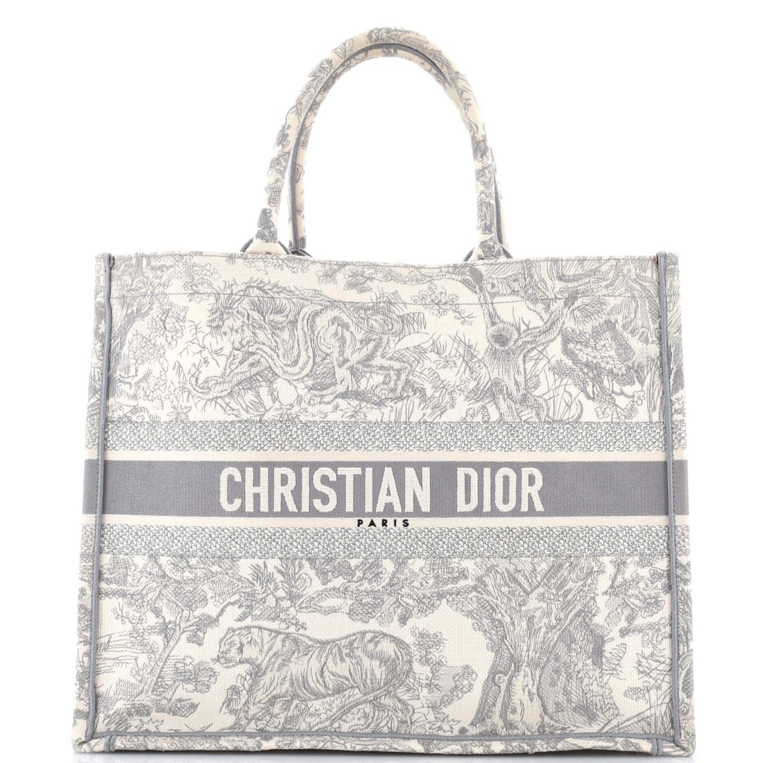 Christian Dior Embroidered Canvas Book Large Tote: Christian Dior Embroidered Canvas Book Large Tote Gray canvas tote bag with embroidered design, measuring 13.5" x 16.5" x 7" and featuring a 6.5" drop handle. The exterior shows signs of wear,
