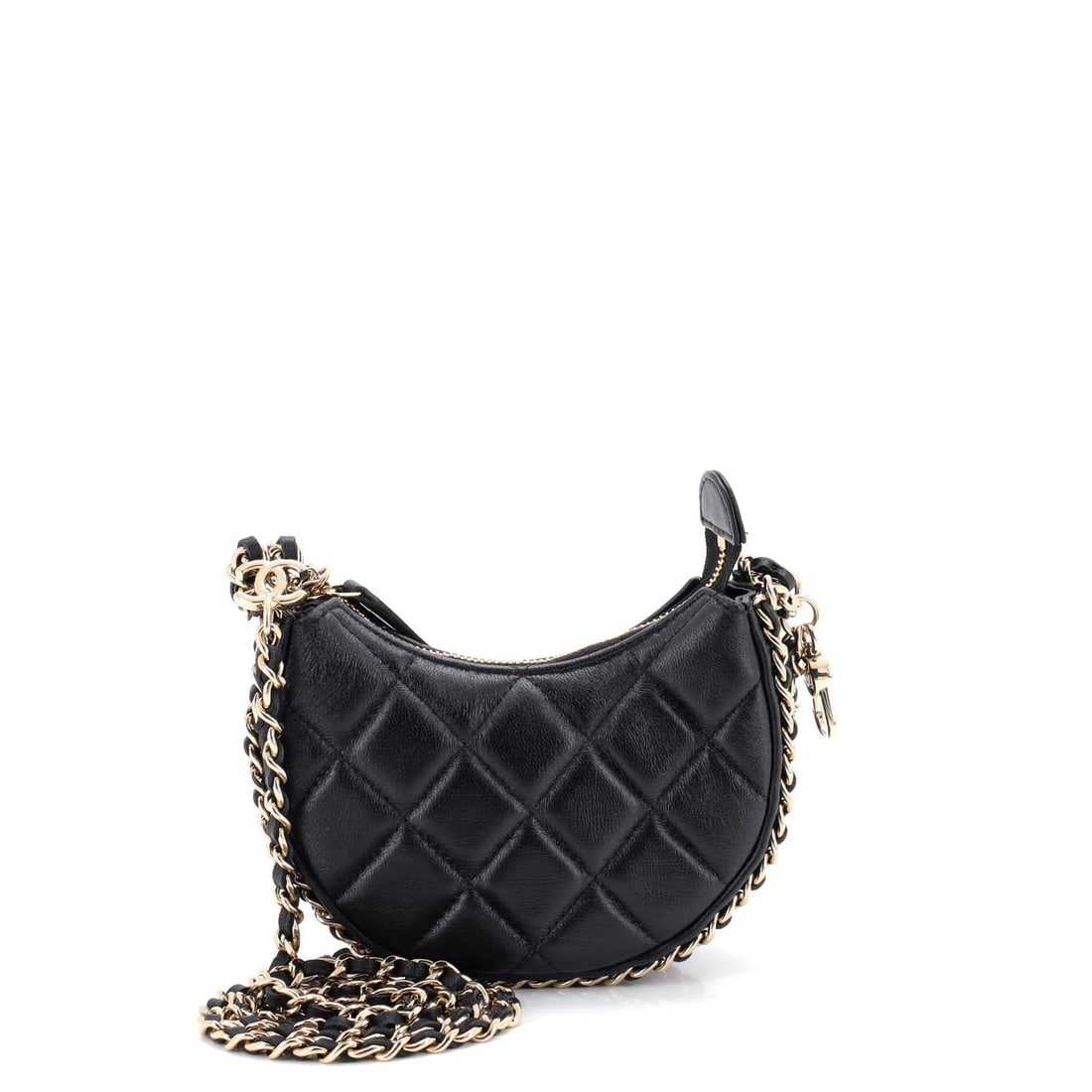 Chanel Chain Around Hook Hobo Quilted Lambskin Mini: Chanel Chain Around Hook Hobo Quilted Lambskin Mini Chain Around Hook Hobo Quilted Lambskin Mini in Black Leather. This mini quilted hobo bag features a chain around hook closure and quilted lambskin