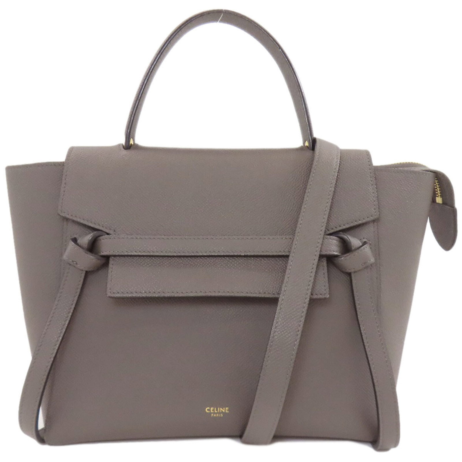 Celine Handbag Leather: Celine Handbag Leather Calfskin leather handbag in a sophisticated gray color, measuring 21cm x 32cm x 12.5cm. The bag features a 26cm long handle and 110cm long strap, making it a practical and styli