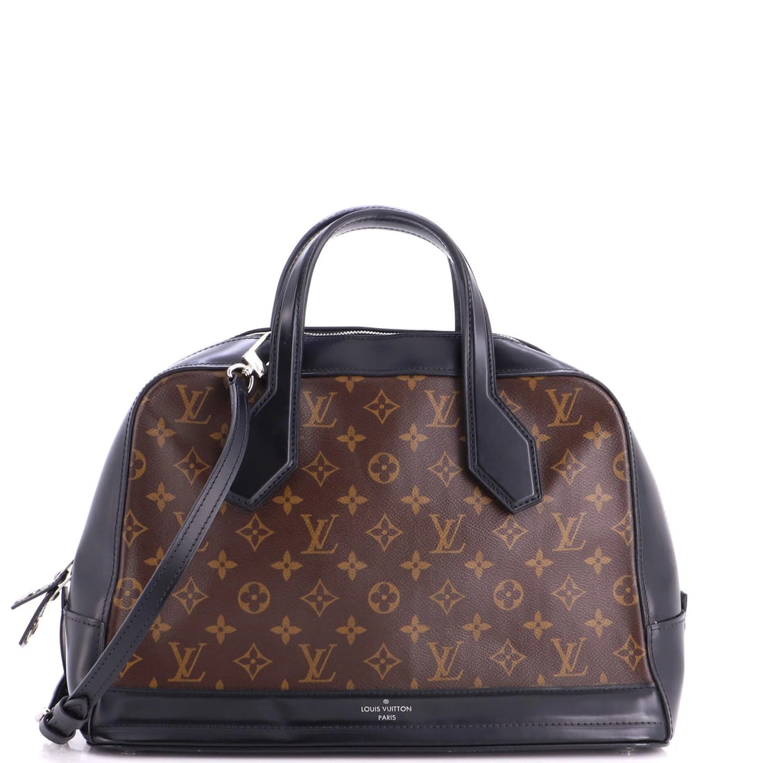 Louis Vuitton Dora MM Monogram Canvas Calfskin Handbag: Louis Vuitton Dora MM Monogram Canvas Calfskin Handbag Black Louis Vuitton Dora MM Monogram Canvas Calfskin Handbag with scuffs, creases, and edge wear, measuring 9.5" tall, 14" wide, and 6" deep,