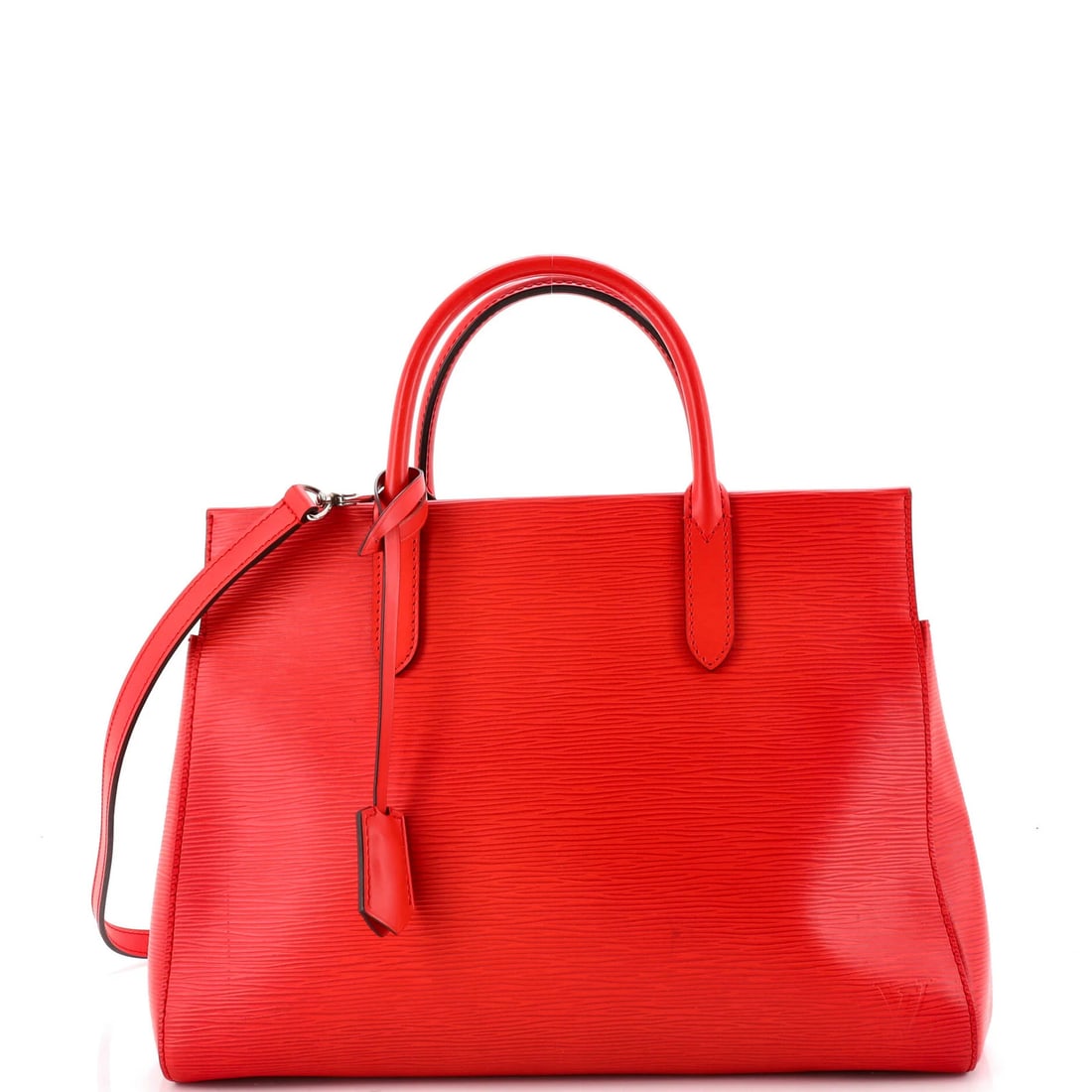Handbag MM Leather Epi Louis Vuitton Marly: Handbag MM Leather Epi Louis Vuitton Marly Red Marly MM Leather Epi Louis Vuitton Handbag with Clochette and Strap. This Louis Vuitton handbag features Epi leather exterior in red, microfiber