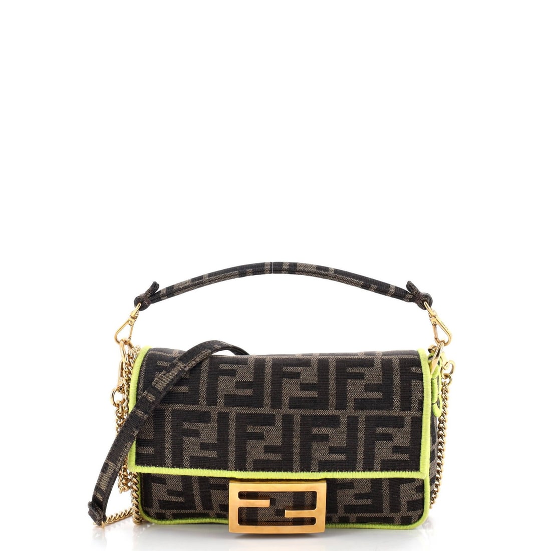 Fendi NM Bag Baguette Zucca Mini: Fendi NM Bag Baguette Zucca Mini Yellow canvas mini Fendi Baguette Zucca cross body bag with brown interior and gold hardware, featuring a classic design with a 23" strap drop and 2" handle drop. The