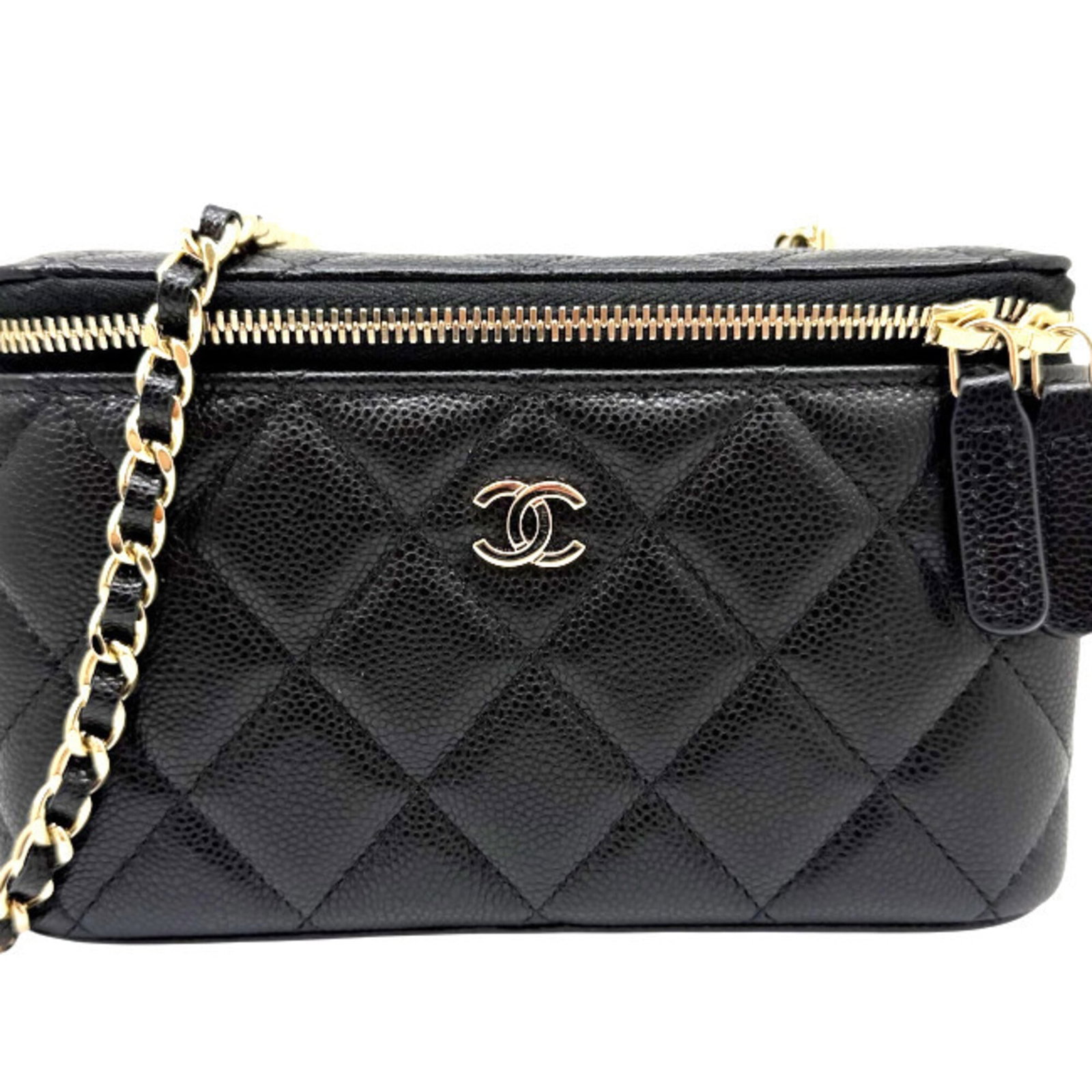 Vanity Grained Calfskin Shoulder Bag: Vanity Grained Calfskin Shoulder Bag Grained Calfskin Shoulder Bag in Black with Gold Hardware. This elegant vanity bag features a luxurious grained calfskin material and a classic design with gold