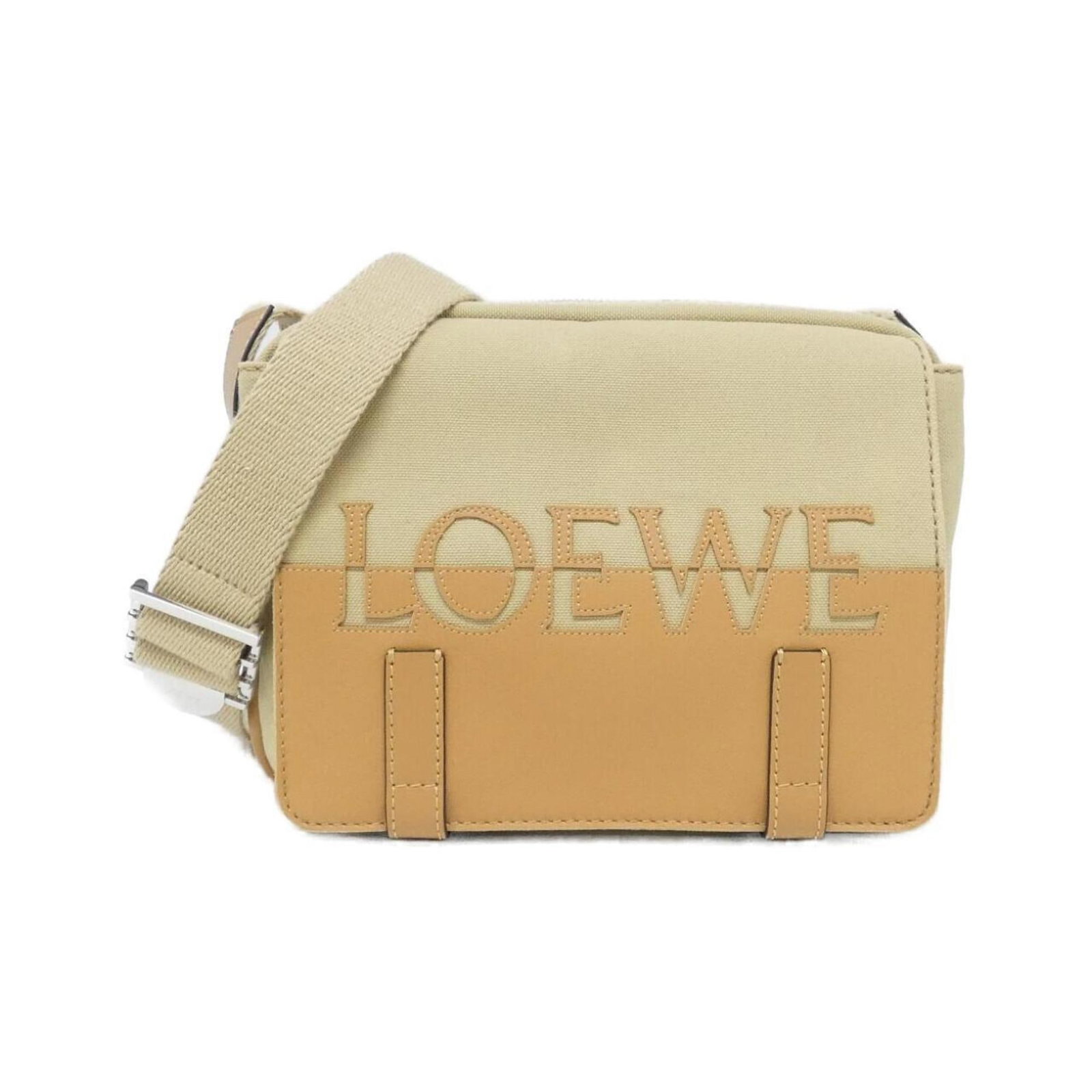 Canvas Leather Shoulder Bag Loewe: Canvas Leather Shoulder Bag Loewe Canvas Leather Shoulder Bag Loewe bears a signature. Made from canvas and calfskin leather, this beige shoulder bag features silver hardware. Measuring 17cm x 24cm x