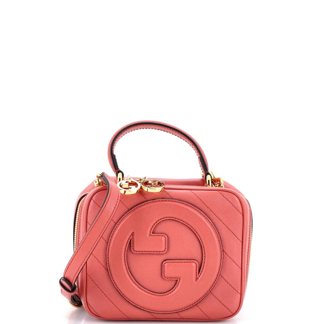 Blondie NM Gucci Top Shoulder Bag Quilted Leather Diagonal Handle: Blondie NM Gucci Top Shoulder Bag Quilted Leather Diagonal Handle Pink quilted leather Gucci top handle shoulder bag with diagonal strap, featuring a neutral interior and gold hardware. Measuring