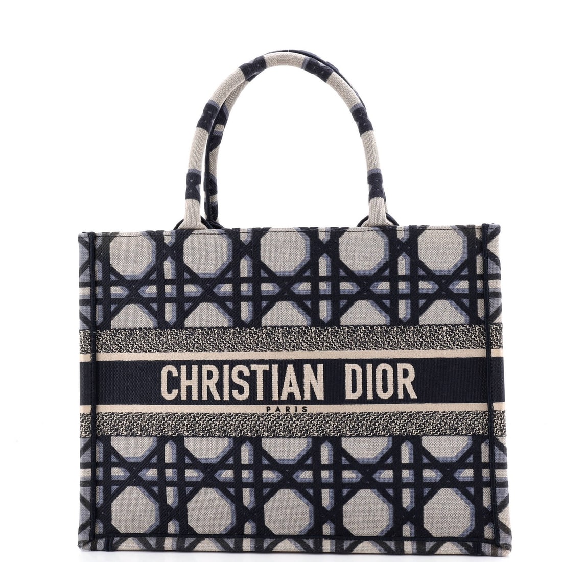 Christian Dior Book Tote Macrocannage Canvas Medium: Christian Dior Book Tote Macrocannage Canvas Medium The Christian Dior Book Tote Macrocannage Canvas Medium features a striking blue canvas exterior with a classic totes style. This medium-sized tote