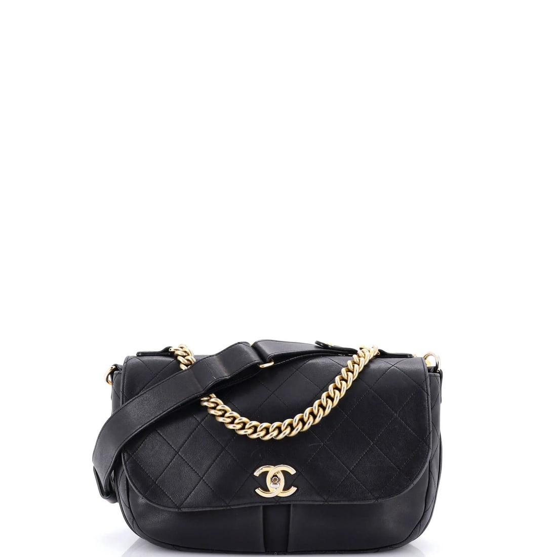 Chanel Paris in Rome Quilted Lambskin Small Messenger Bag: Chanel Paris in Rome Quilted Lambskin Small Messenger Bag Black quilted lambskin exterior, red interior, and aged gold hardware define this Paris in Rome Messenger Bag from Chanel. Measuring 8" x 11"