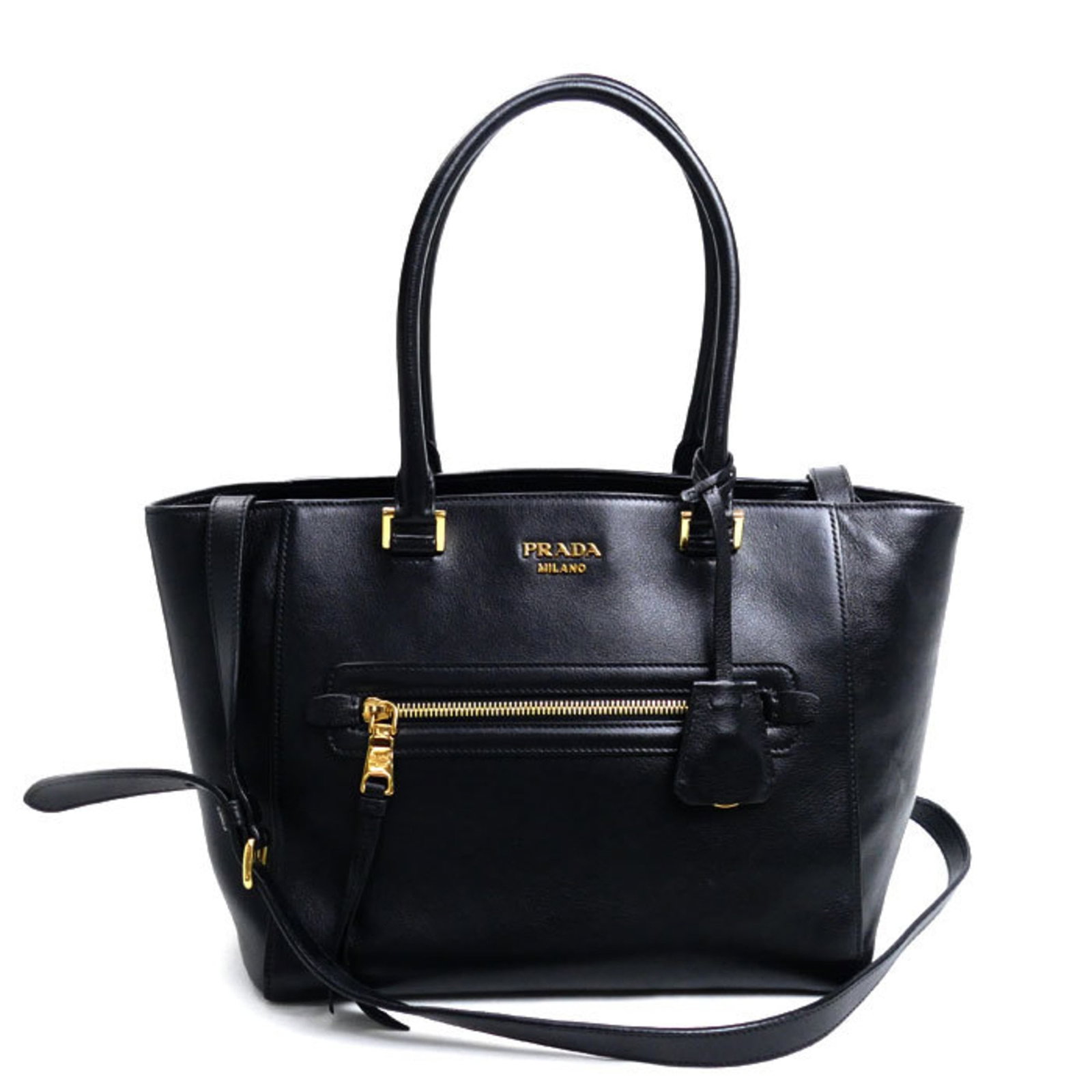 Shoulder Bag Leather Prada: Shoulder Bag Leather Prada Prada's black leather shoulder bag features a sleek design with gold hardware, making it a stylish and sophisticated accessory. The bag's calfskin leather and clochette add