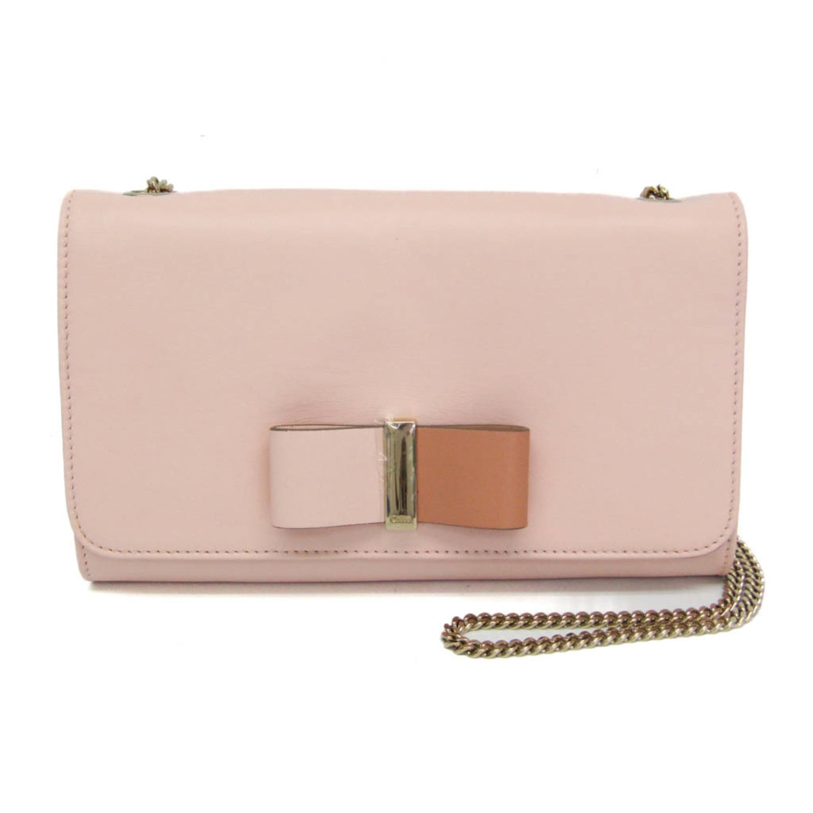 Shoulder Bag Leather: Shoulder Bag Leather Light beige and light pink leather come together in a stylish ribbon chain shoulder bag from Chlo. The bag features an open pocket, card holder, and snap fastener closure, making 